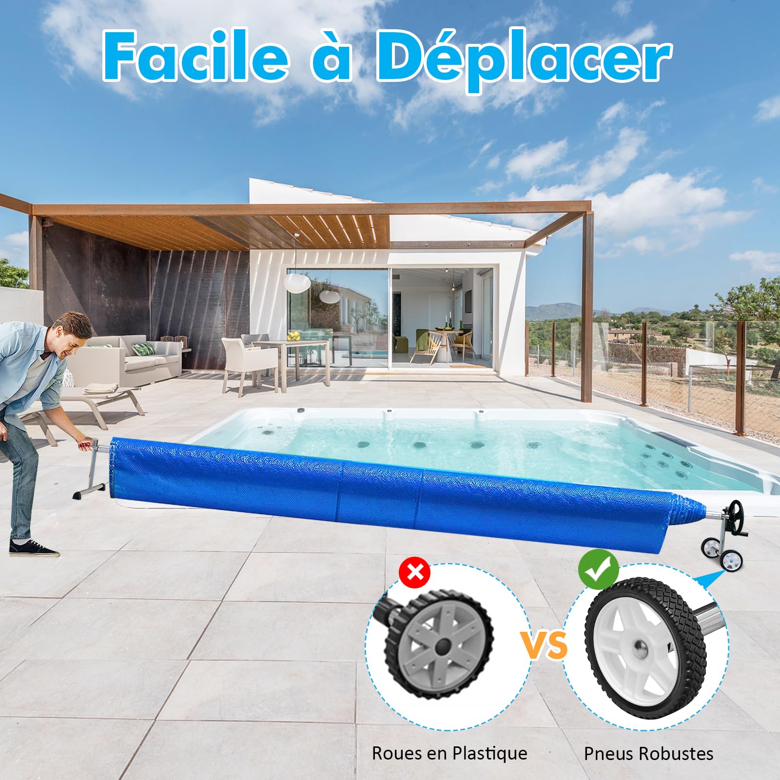 RELAX4LIFE - Carrete de lona extensible ajustable de 1,65 a 7 m para lonas y películas solares, enrollador de piscina de aluminio móvil con 8 correas de fijación