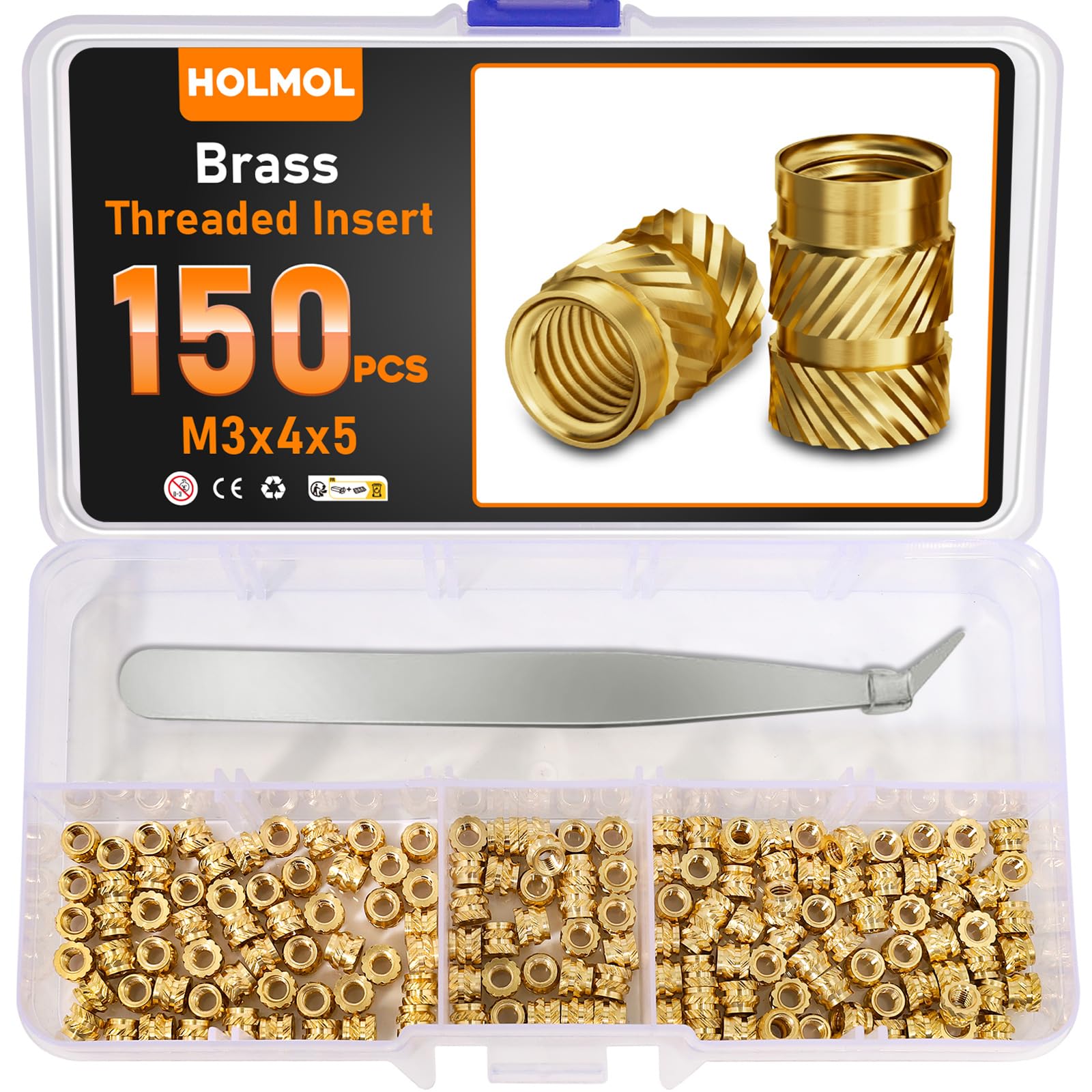 HOLMOL Threaded Inserts for Plastic 150PCS, Heat Insert Assortment Set for 3D Printer Parts, Brass Metric Knurled Nuts M3x4x5mm with Tweezer โ image 1