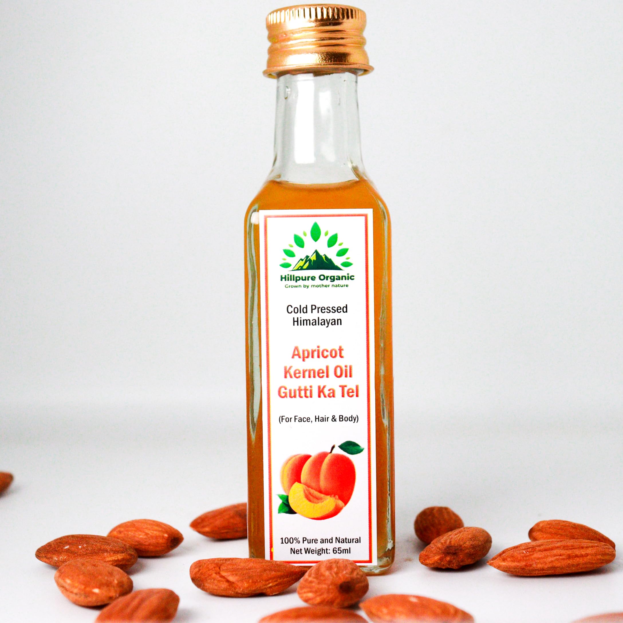 Hillpure Organic Cold Pressed Himalayan Apricot Kernel oil, 100% Pure & Natural, Undiluted, For Body Care, Skin Care, Hair Care, Nails Shining, Pahadi local Oil From Uttarakhand (65 ml, Glass Bottle)