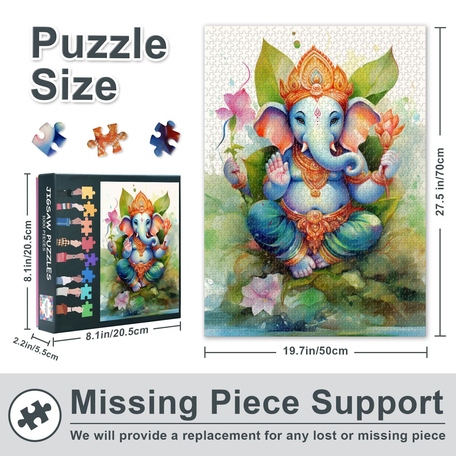 1000 Piece Jigsaw Puzzle Shree Ganesha Watercolor Painting Hindu God Art Ganesh Chaturthi Festival Poster Home Decor Premium Puzzle 27.5x19.7 Inches - Image 3