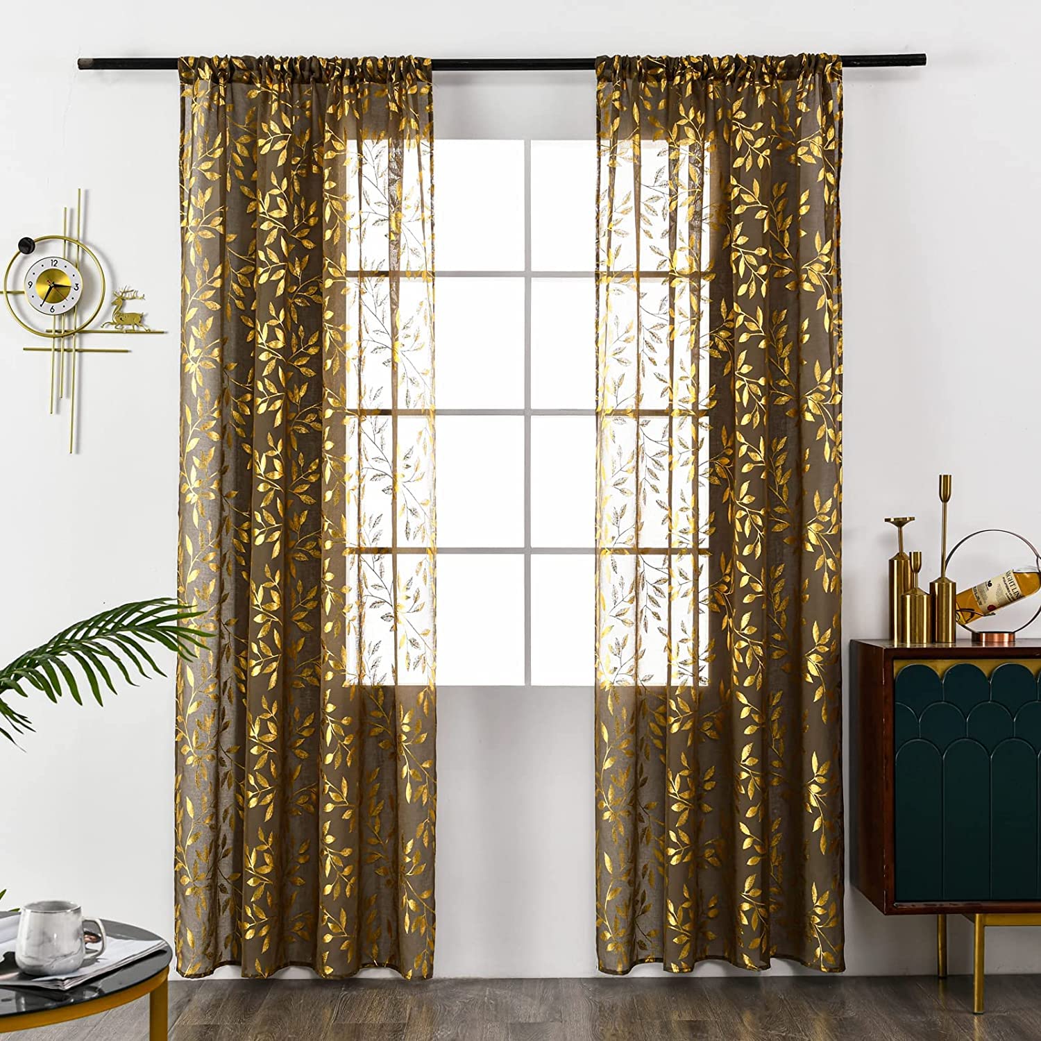 Sutuo Home Taupe Sheer Curtains 72 Inch Length 2 Panels Set, Gold Foil Print Metallic Bronzing Leaves, Privacy Voile Window Treatment Decor Drape Pair for Bedroom Nursery Room 52