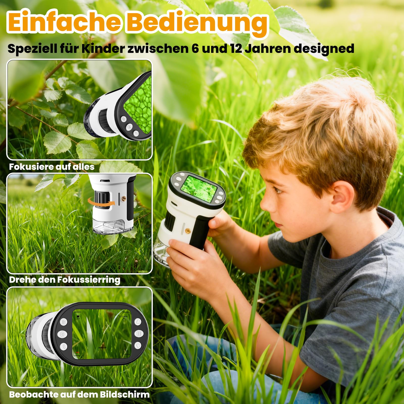 FIVAVA Microscope numérique portable 1000X pour enfants, avec écran IPS de 2,0", loupe pour enfants, rechargeable par USB, kit de diapositives, carte mémoire 32G et support, jouet de jardin pour