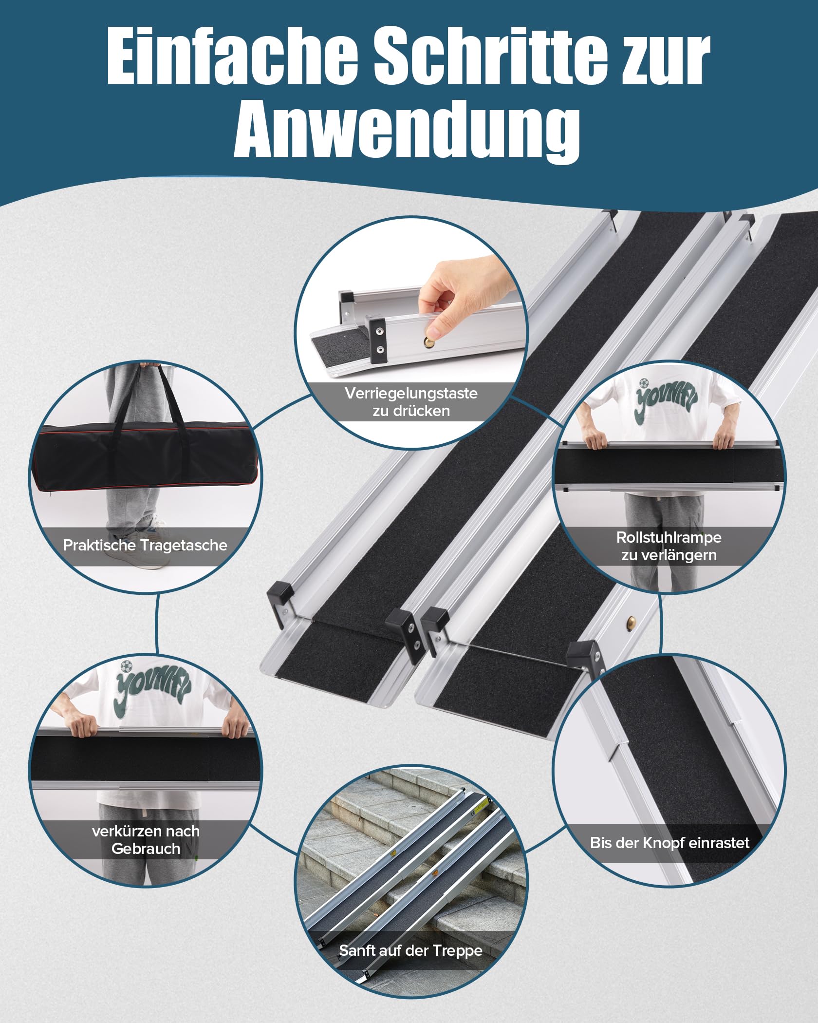FoundGo Rampa telescópica para silla de ruedas, 2 unidades, máx. 300 kg, 74,5/121 cm, de aluminio, antideslizante, incluye bolsa de transporte, rampa de acceso para silla de ruedas manual, escaleras,