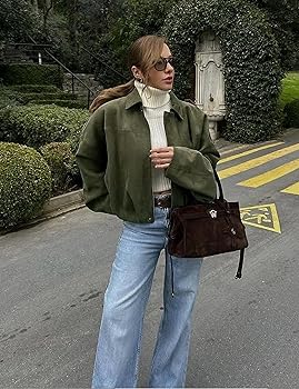 VOROFY Women's Cropped Faux Suede Bomber Jacket Fall Casual