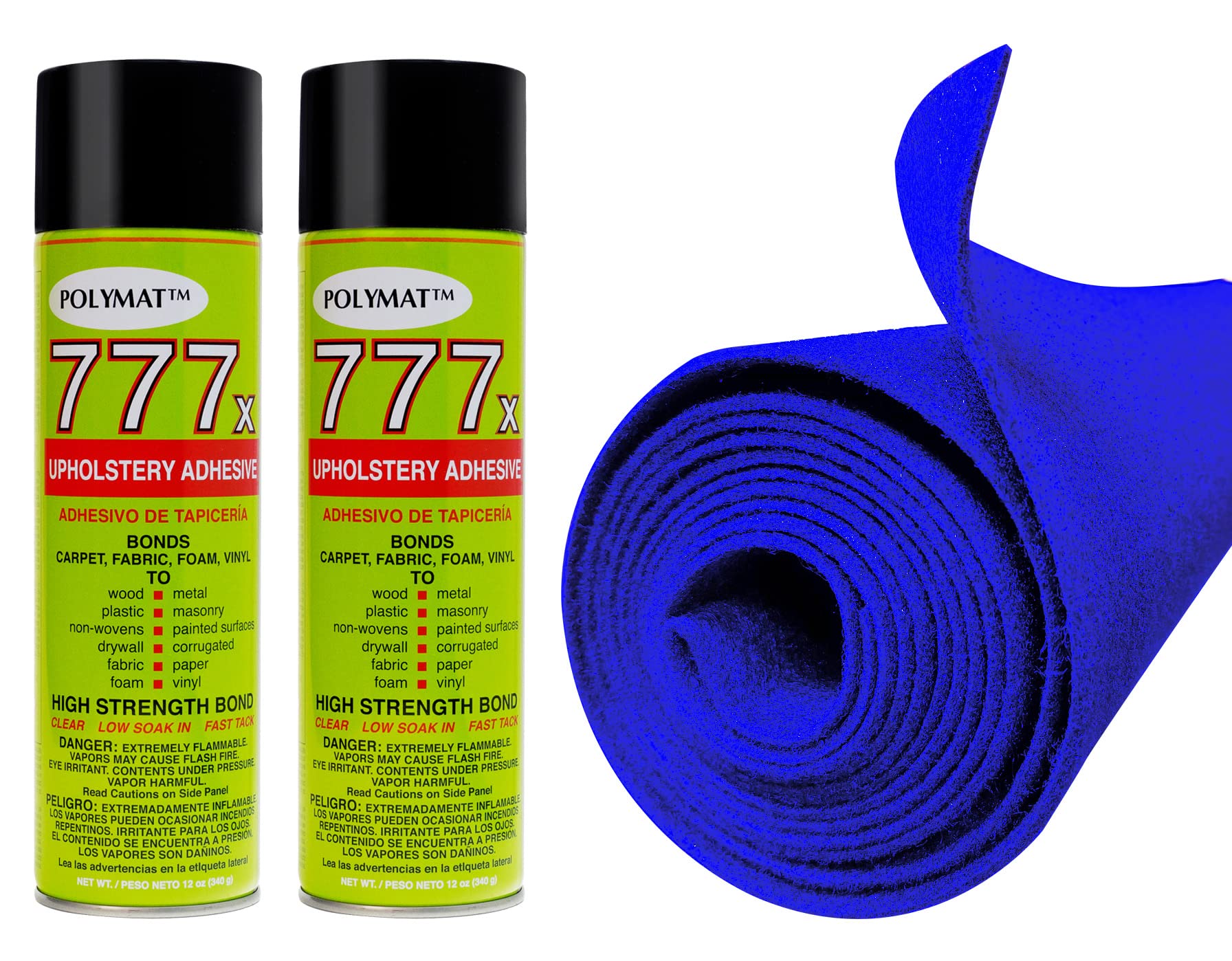 12FT x 3.75FT Blue Carpet ROLL + 2 CANS of 777 Glue for Polymat Series 35 Latex Backed-Carpet