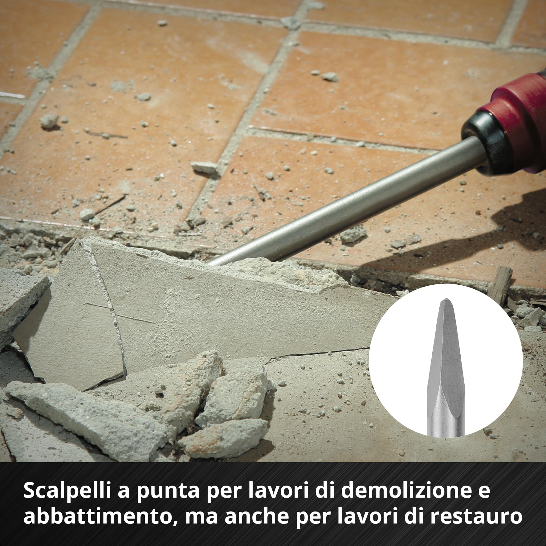 Originale Einhell set di scalpelli SDS Max da 3 pezzi, 400 mm (scalpello a punta, scalpello piatto da 25 mm, scalpello a vanga da 40 mm, acciaio 40 Cr, per lavori di demolizione e ristrutturazione)