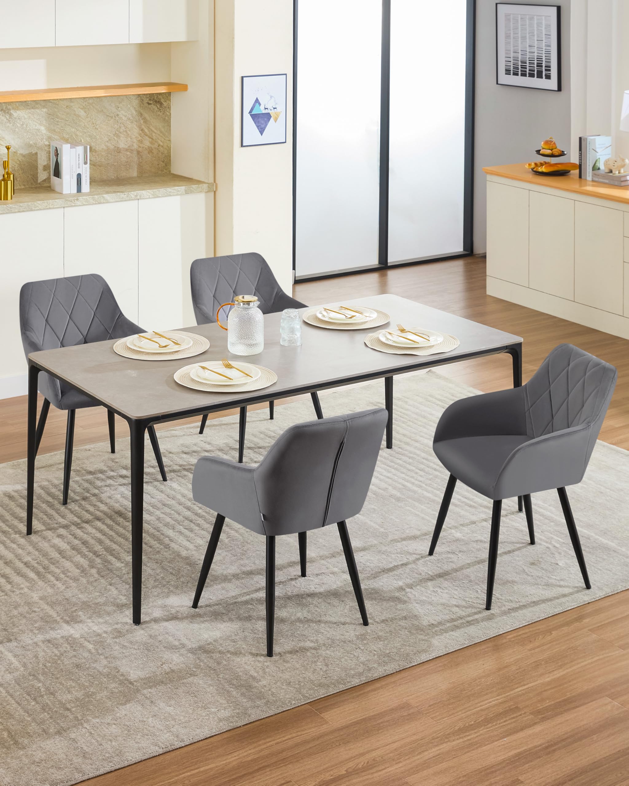 WOLTU 4er Set Esszimmerstühle mit Armlehne Rückenlehne, für Esszimmer Wohnzimmer Küche, Bequeme Küchenstühle gepolstert mit Samtbezug, Metallbeinen, Dunkelgrau
