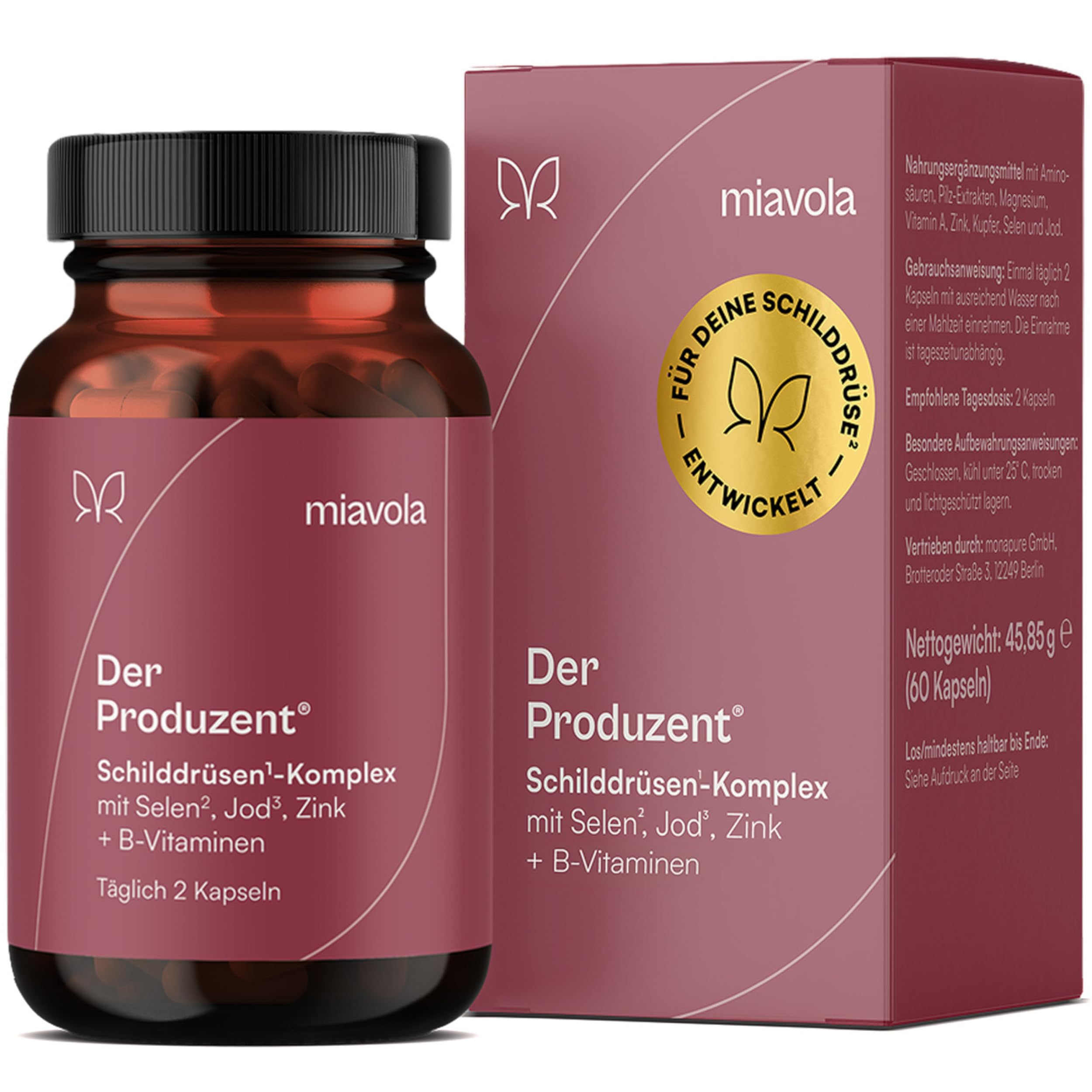 miavola der Produzent® Schilddrüsen Komplex mit L-Tyrosin, Jod, Selen, Zink, Magnesium, Vitamin A - 60 Kapseln hochdosiert & vegan