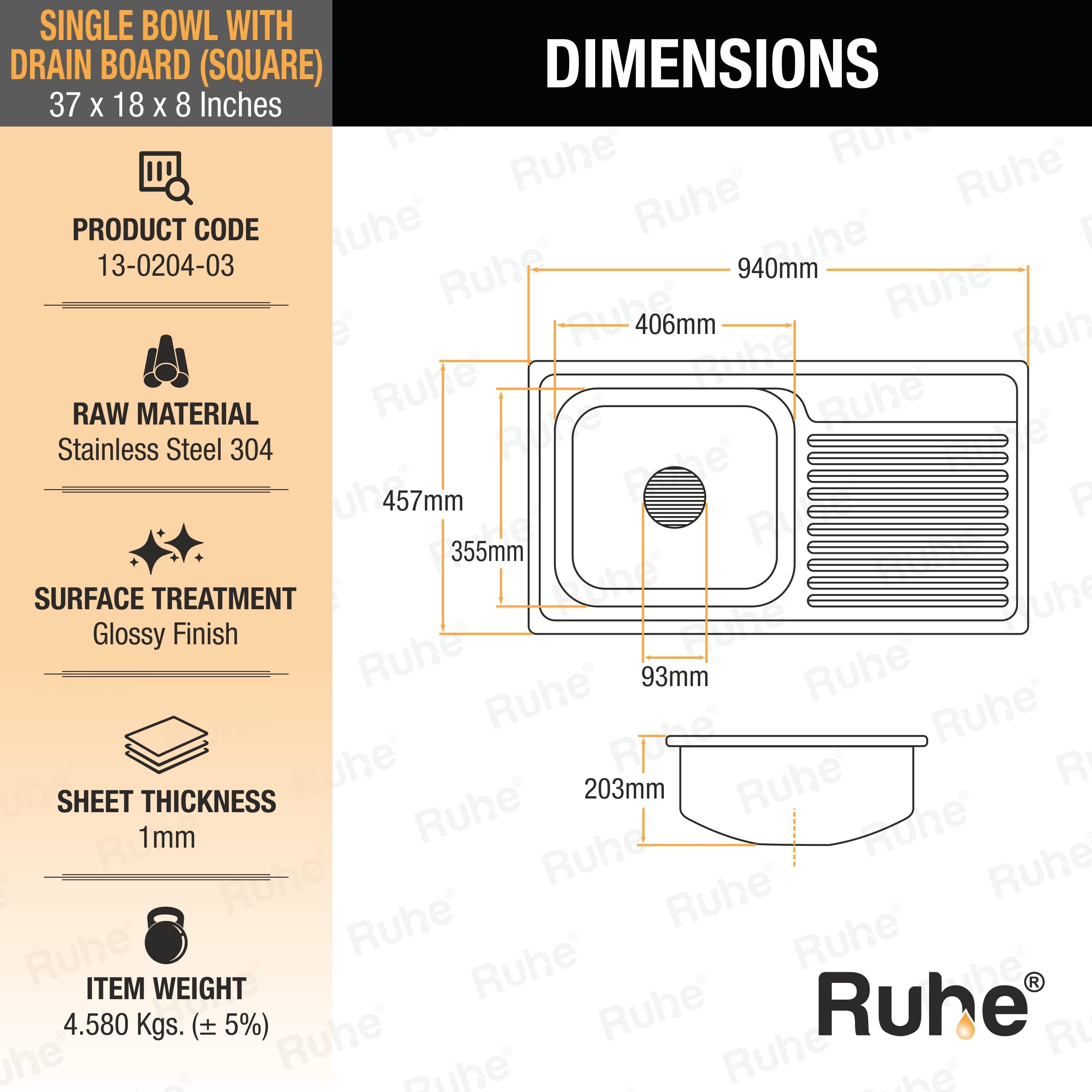 Buy Ruhe® Drainboard 37 x 18 x 8 inches Kitchen Sink 304Grade