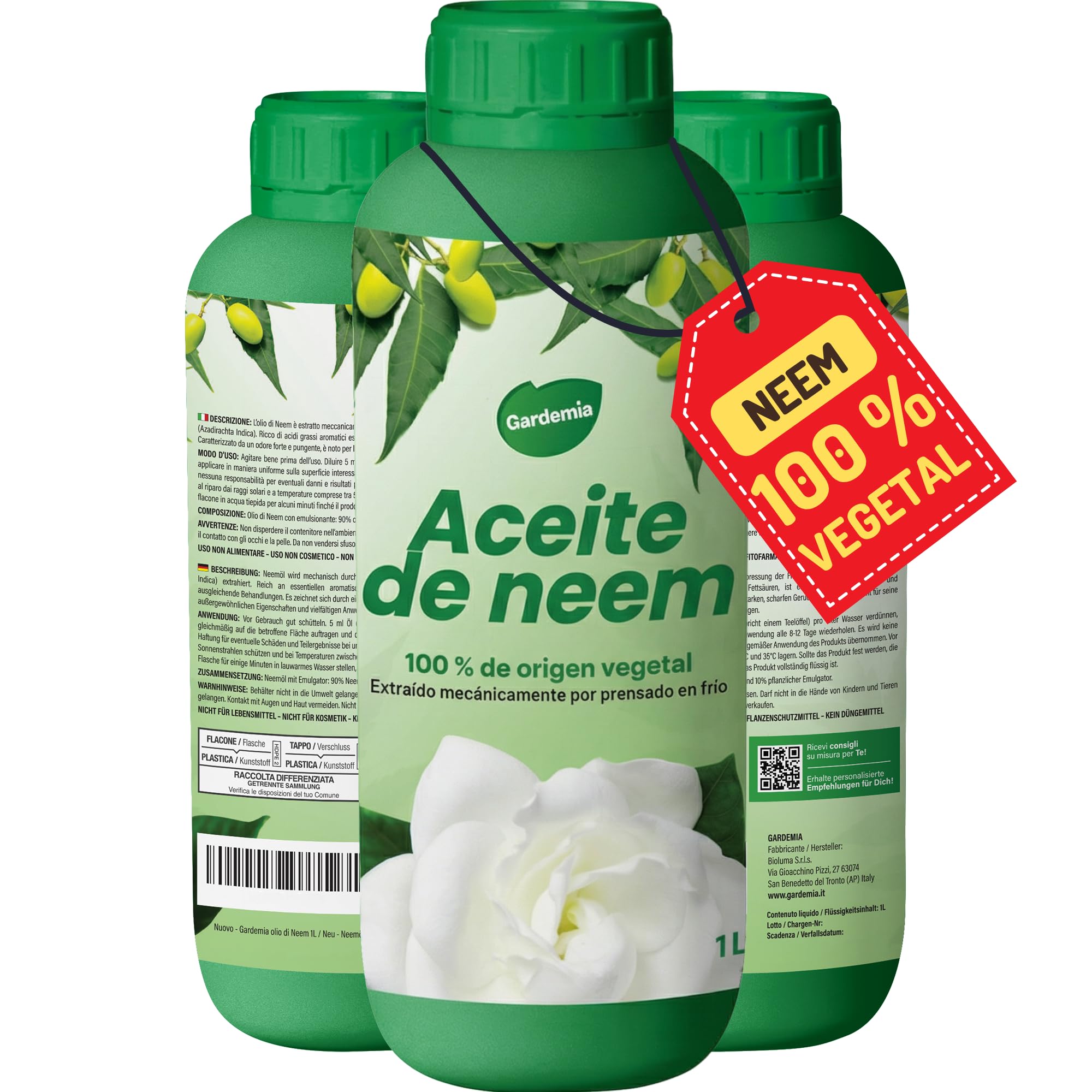 Gardemia Aceite de Neem con Emulsionante 1L miscible en agua 100% de origen vegetal extraído mecánicamente por prensado en frío de los frutos del árbol Neem