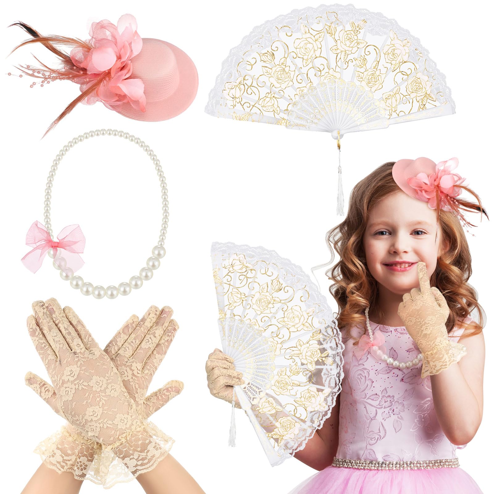 Sintege 4 Pcs Girls Tea Party Set Girls Tea Party Accessories Gloves Hats Necklace Fans for Toddler