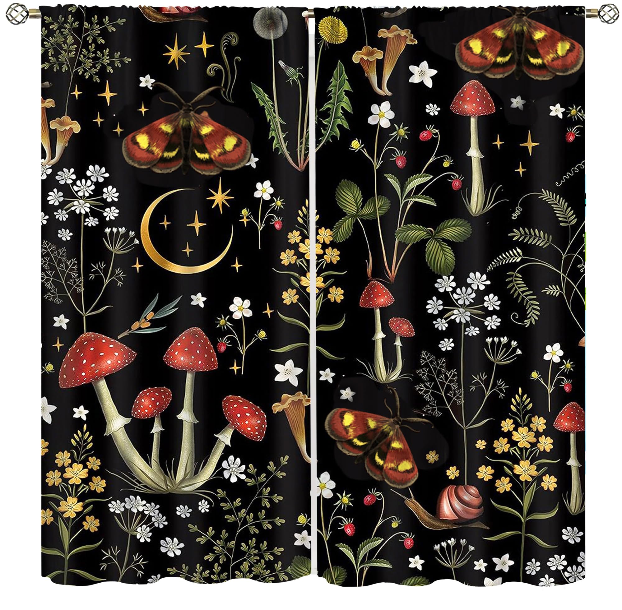 Mushroom Curtains, Plant Botanical Print Window Treatments for Living Room, Herbs Home Curtain 2 Panel,42x45 Inch Decor