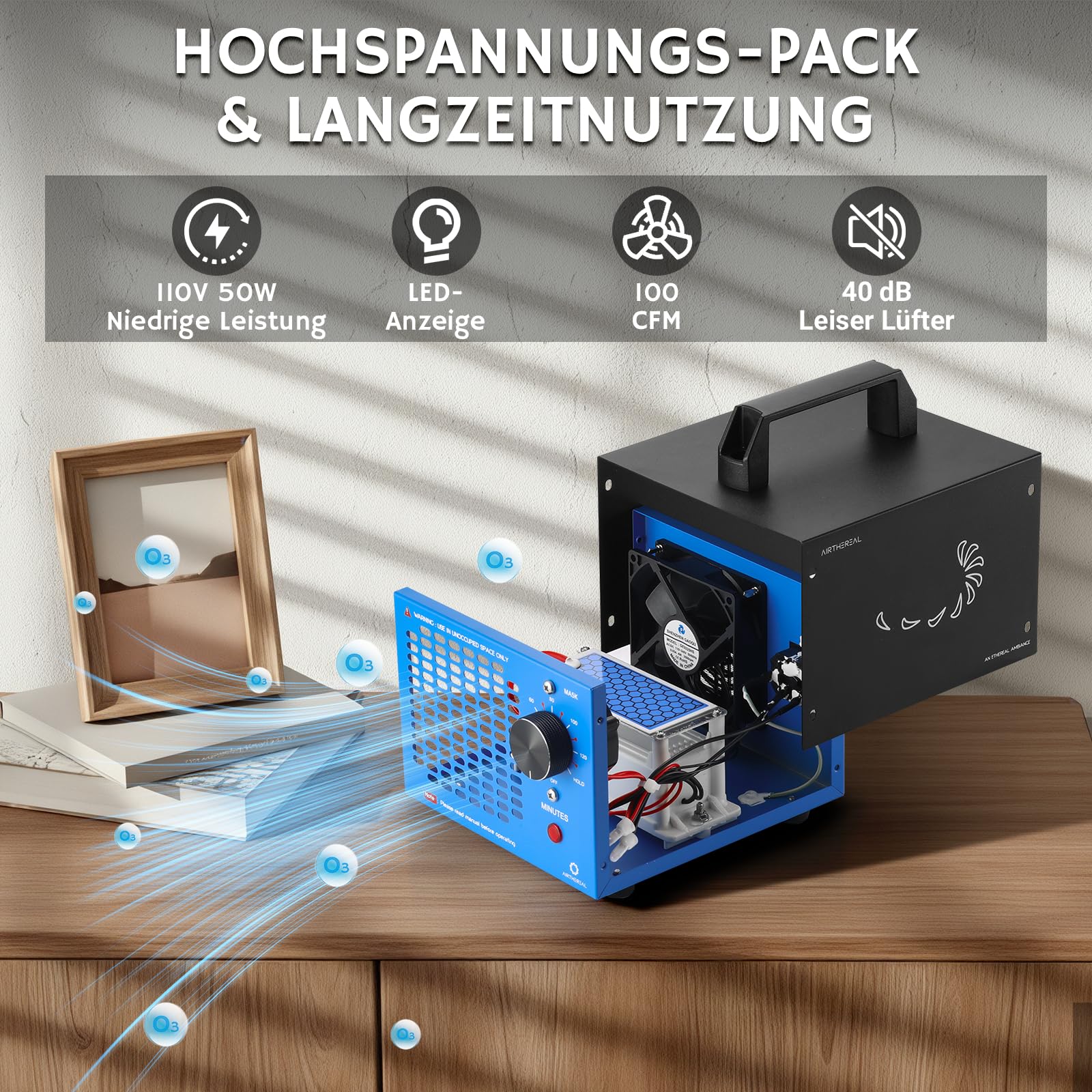 Airthereal MA5K Ozongenerator & Geruchsentferner mit 120-Minuten-Timer | Leichtes Design für Räume bis 185m². Ideal gegen Rauch, Tiergerüche & Schimmel in Auto, Keller oder Haus
