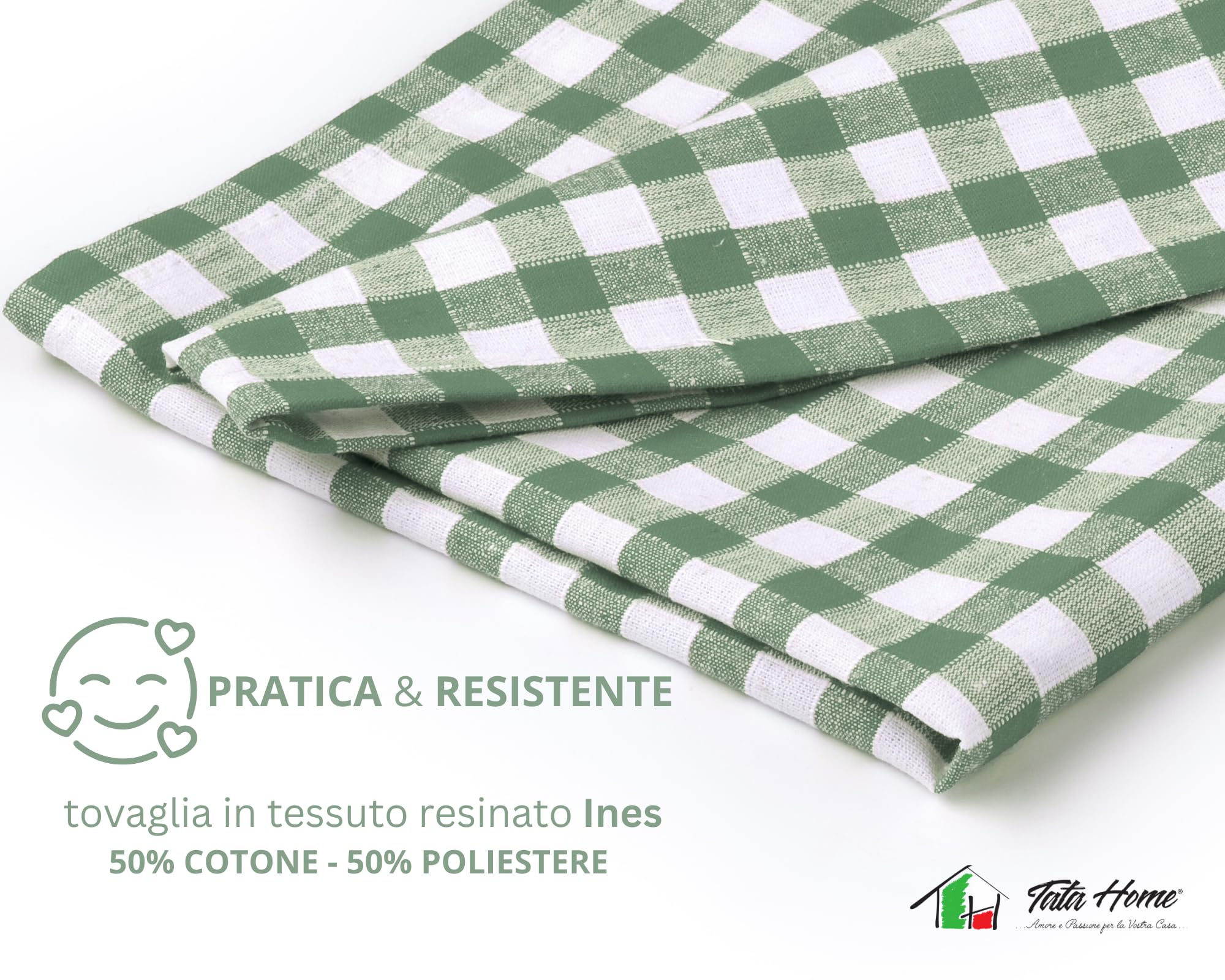 Tata Home Tovaglia Antimacchia Rettangolare in Misto Cotone Idrorepellente Resistente Tovaglia Resinata per Uso Interno Esterno Fantasia a Quadretti Misura 140x360 cm Mod. Ines Colore Verde Salvia