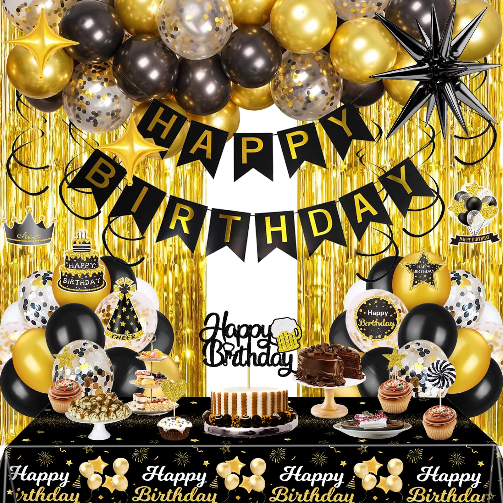Black and Gold Birthday Decorations for Boys Men, Gold Party Decorations include Happy Birthday Banner, Tablecloth, Fringe Curtains, Star Foil