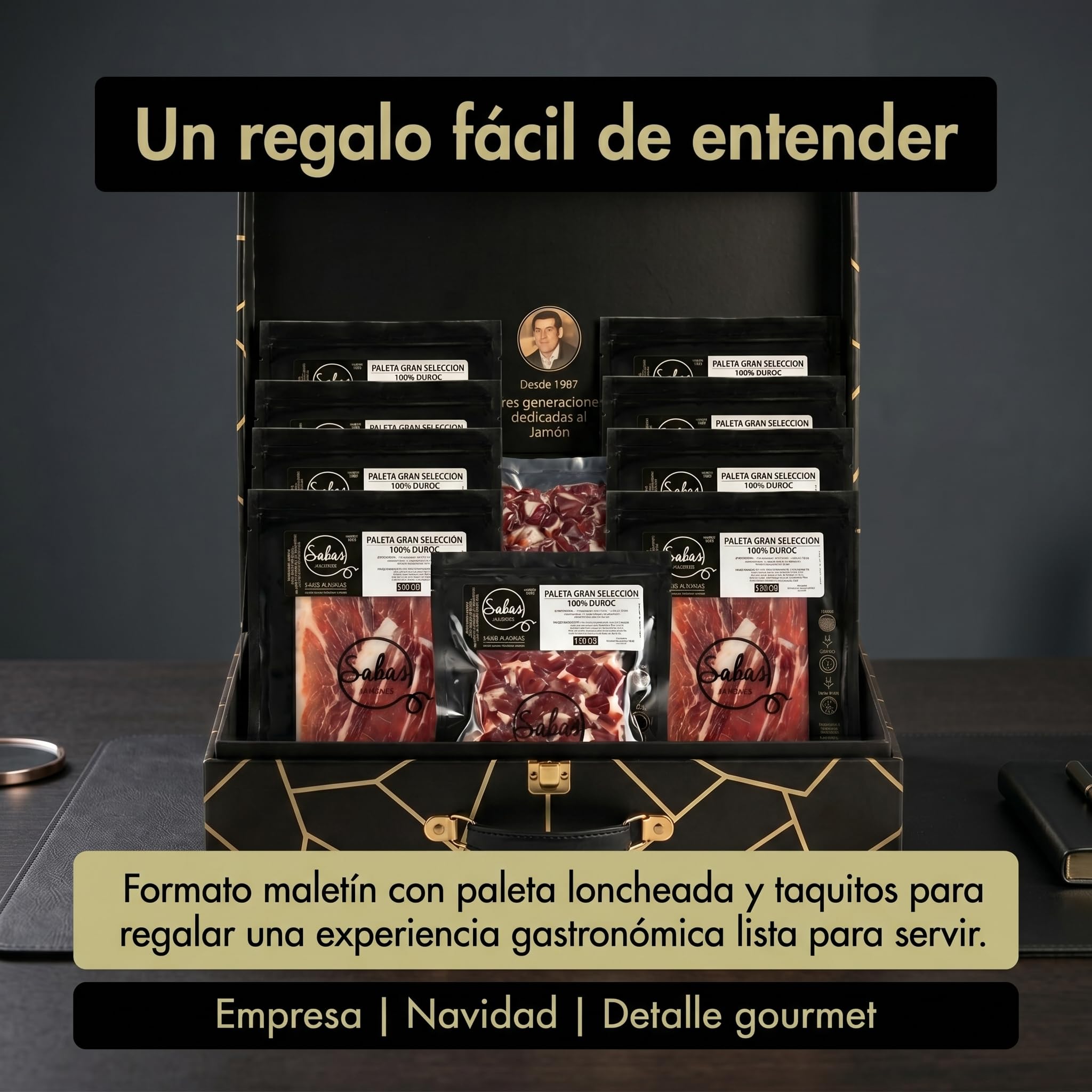 Paleta 100% Duroc Gran Seleccion Cortada a Cuchillo Maletin 16 Sobres 100g | Lote de 1,6 kilos: catorce raciones loncheadas y dos de taquitos, para regalo de empresa y Navidad; atemperar antes de servir