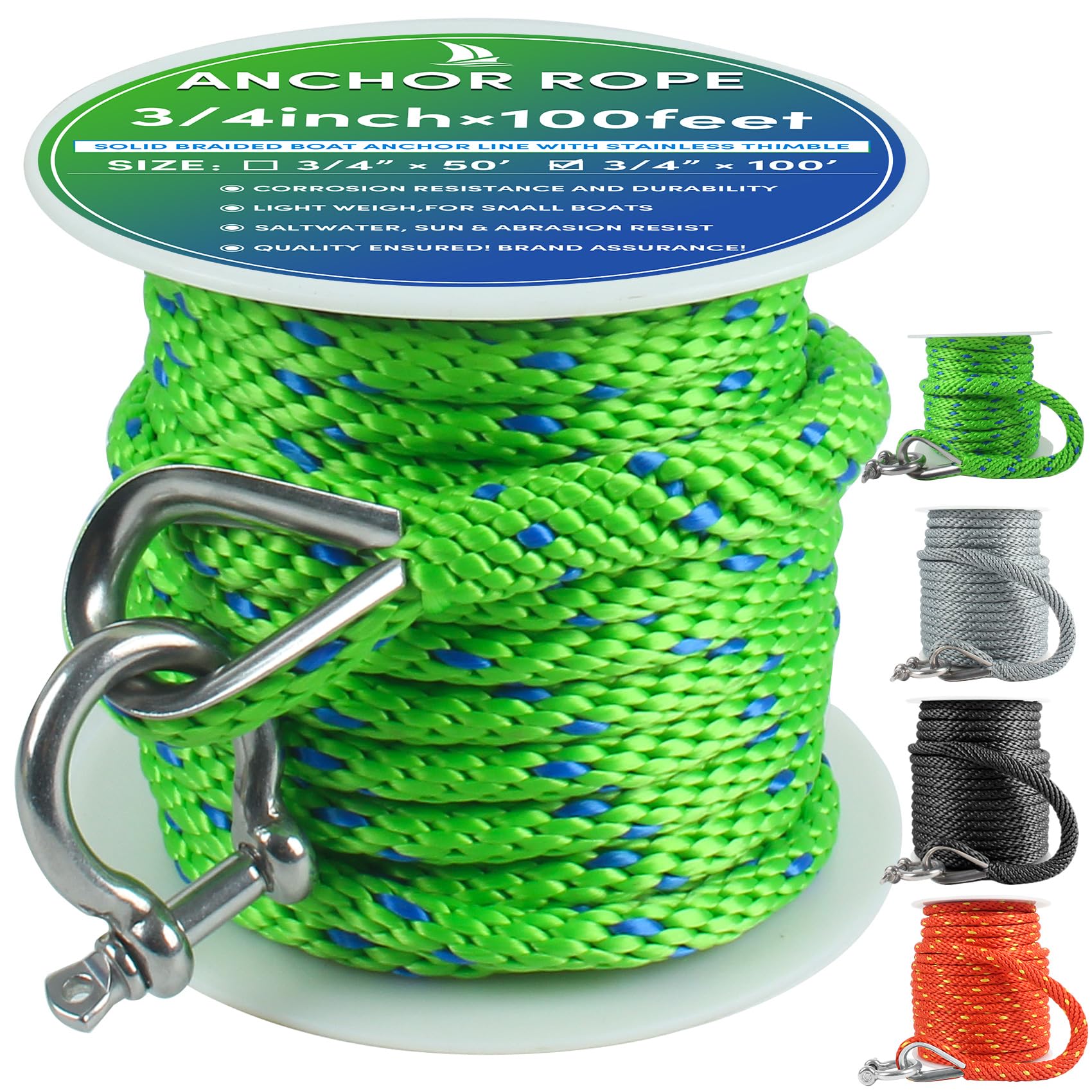 Premium Anchor Rope 100 ft x 3/4 inch, Solid Braid MFP Anchor Line Boat Rope with Thimble & Shackle - Neon Green/Blue