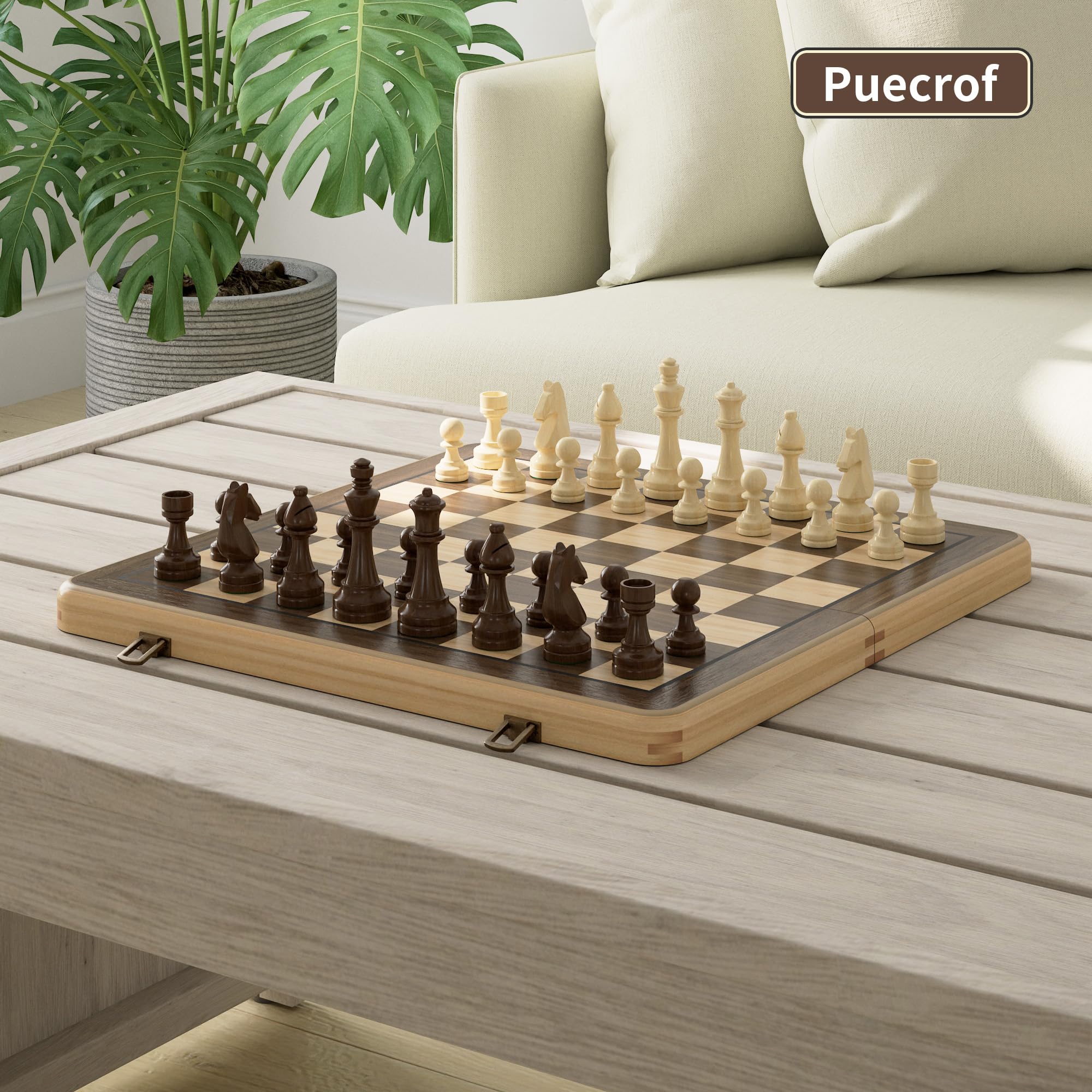 38 cm Holz Klapp-Schach- und Dame-Set, 2-in-1 Brettspiel, 7,6 cm König Staunton Figuren, 2 zusätzliche Damen (Black)