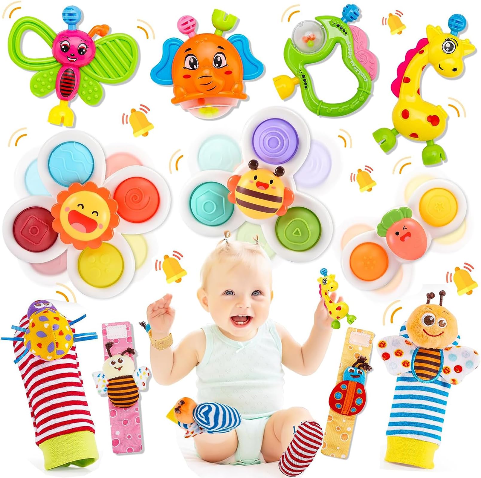 Veopoko Baby Toys 0 6 12 Months, Gifts for 1 Year Old Boys Girls Baby Wrist Rattles Newborn Toys Baby Toys 6 Months Plus Suction Cup Spinner Toys Baby Travel Essentials