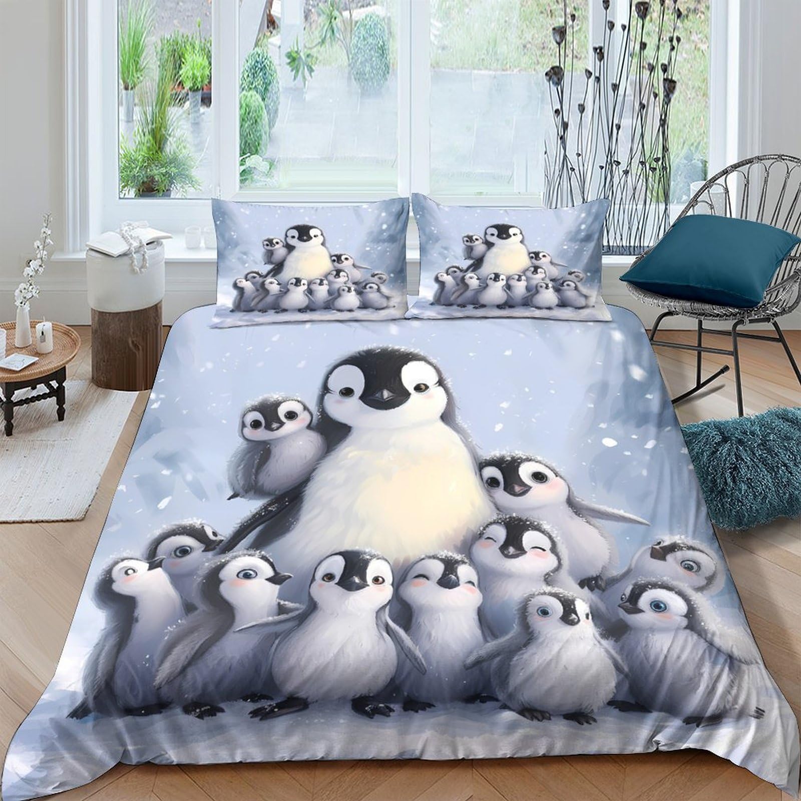 Ctjqhvkz Style-10 3D Printed Cute Penguin Fitted Sheet Microfiber Soft Blue Snow Animal Mattress Cover For Bedroom Guest Room Decor Single（135X200cm）