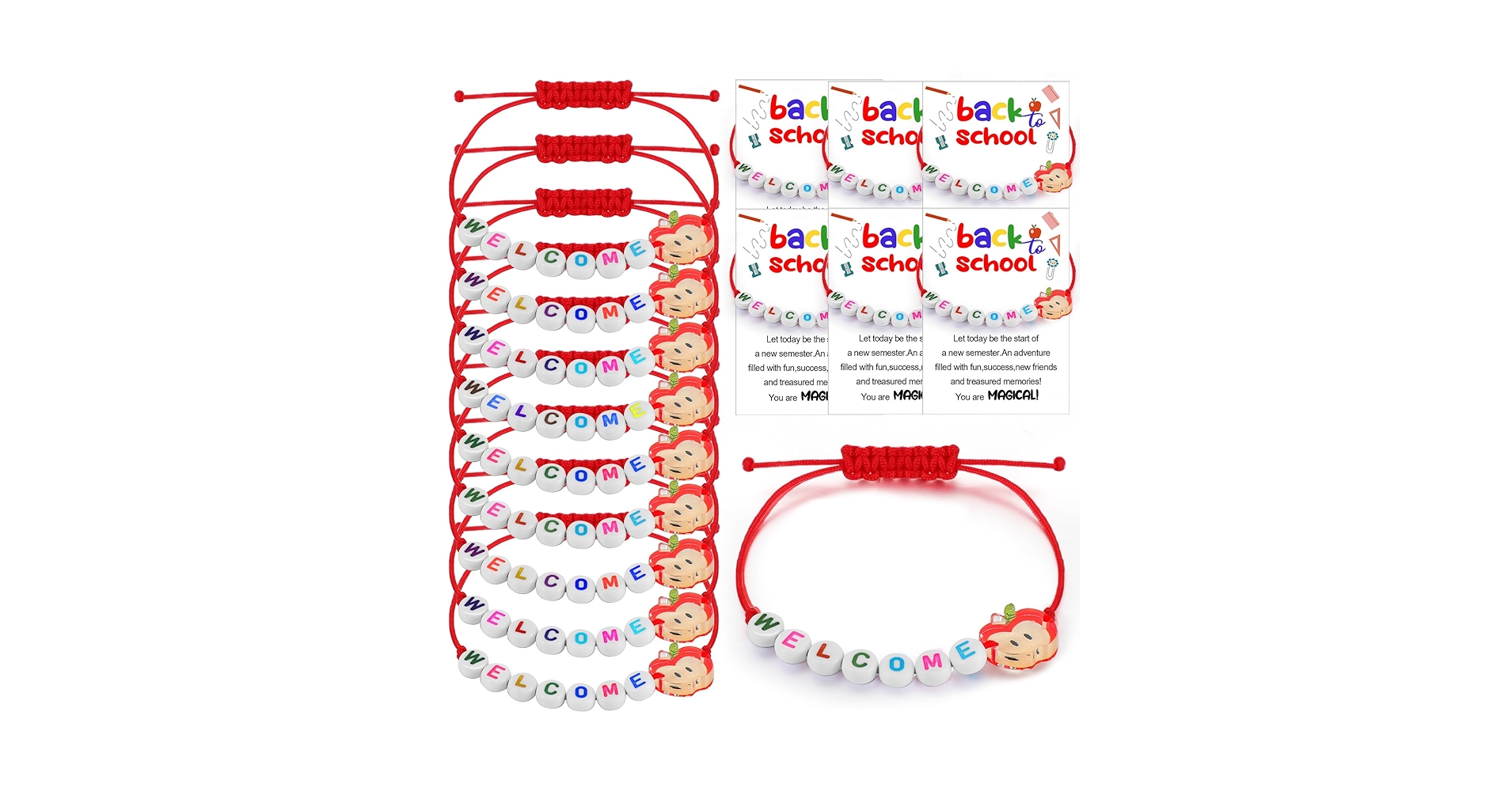 Kigeli 24 Pcs First Day Of School Bracelet Welcome Bracelet Back To School Cards Kindergarten Bracelets Red Rope Bracelets With Apple Shaped Pendent Adorable Letters Beads For Kid Girls Women