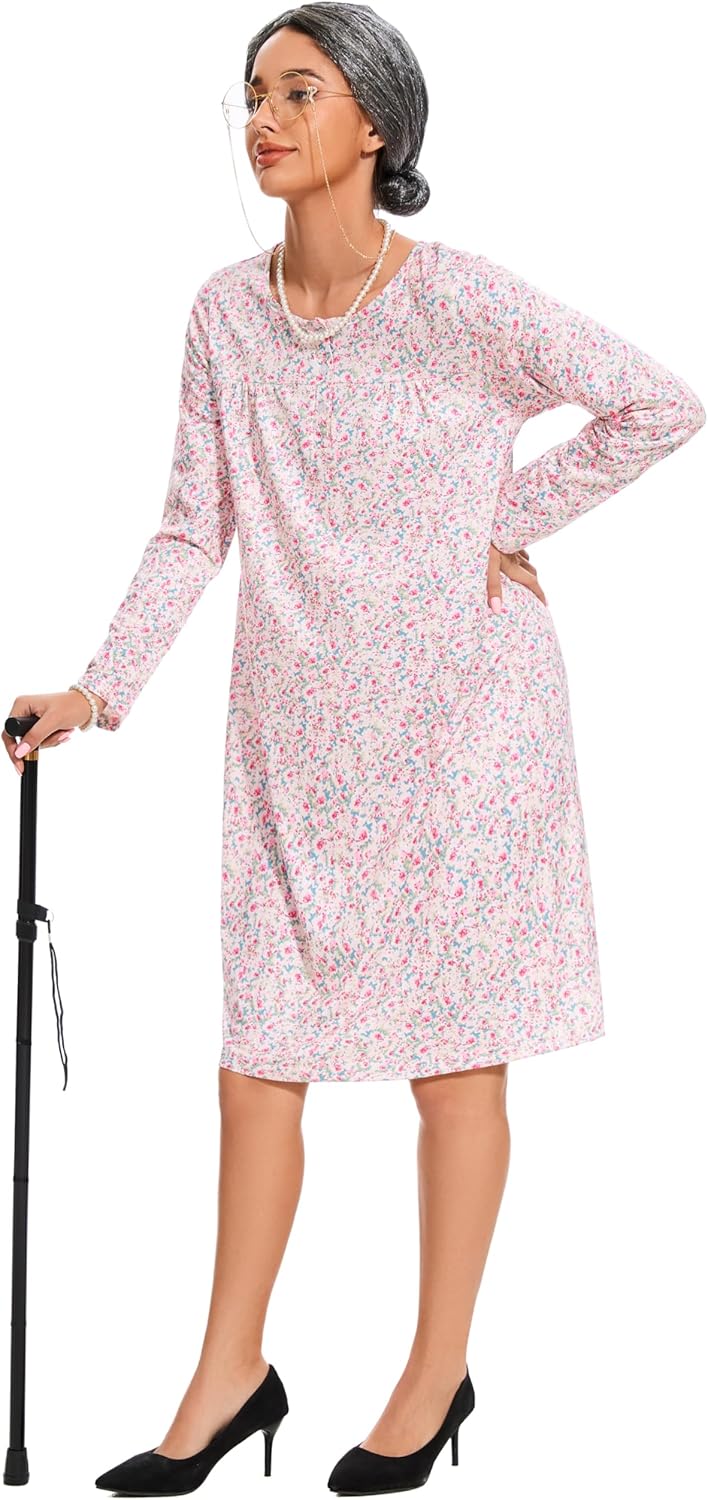 9PC Women Adult Old Lady Costume adult 100 Days of School Granny Grandma Wig Nightgown Dress Set - Image 4