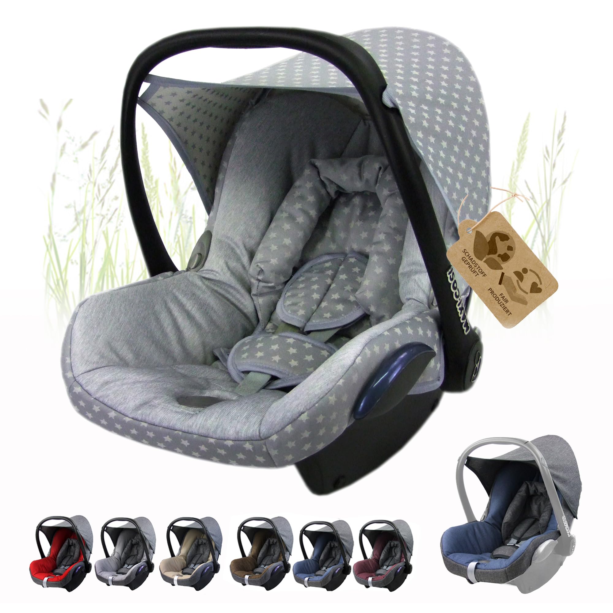 Pokrowiec [zapasowy pokrowiec na miskę dla niemowląt] kompatybilny z Maxi-Cosi CabrioFix, kompletny zestaw, 6-częściowy zestaw pokrowców na siedzenia z poduszkami pasowymi, zagłówek (gwiazdki