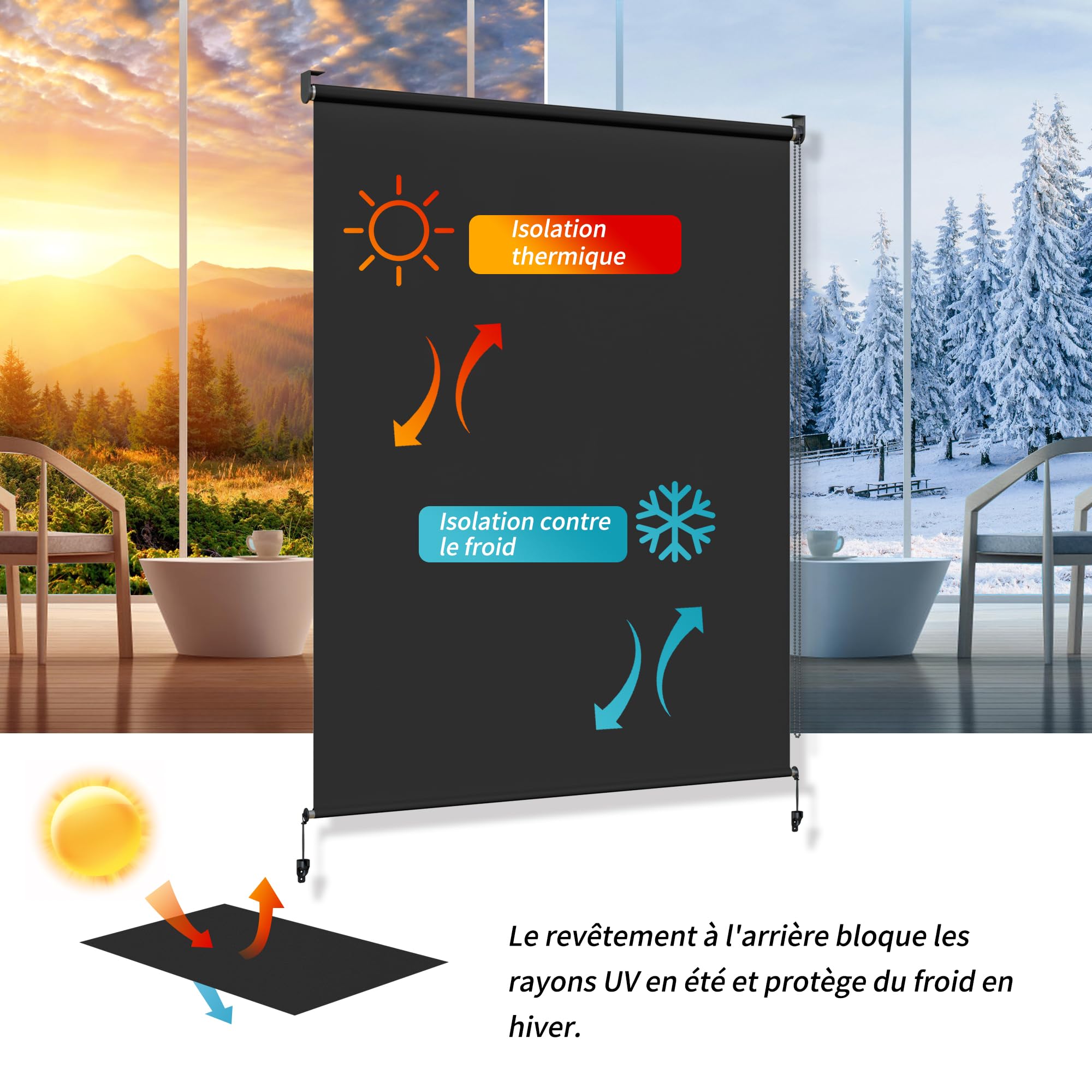 HOMEDEMO Store Enrouleur Exterieur Vertical 220g/m², Anti-Regard, Imperméable Résistant Aux Tempêtes, pour Balcon et Terrasse, Gris Foncé 100x140cm