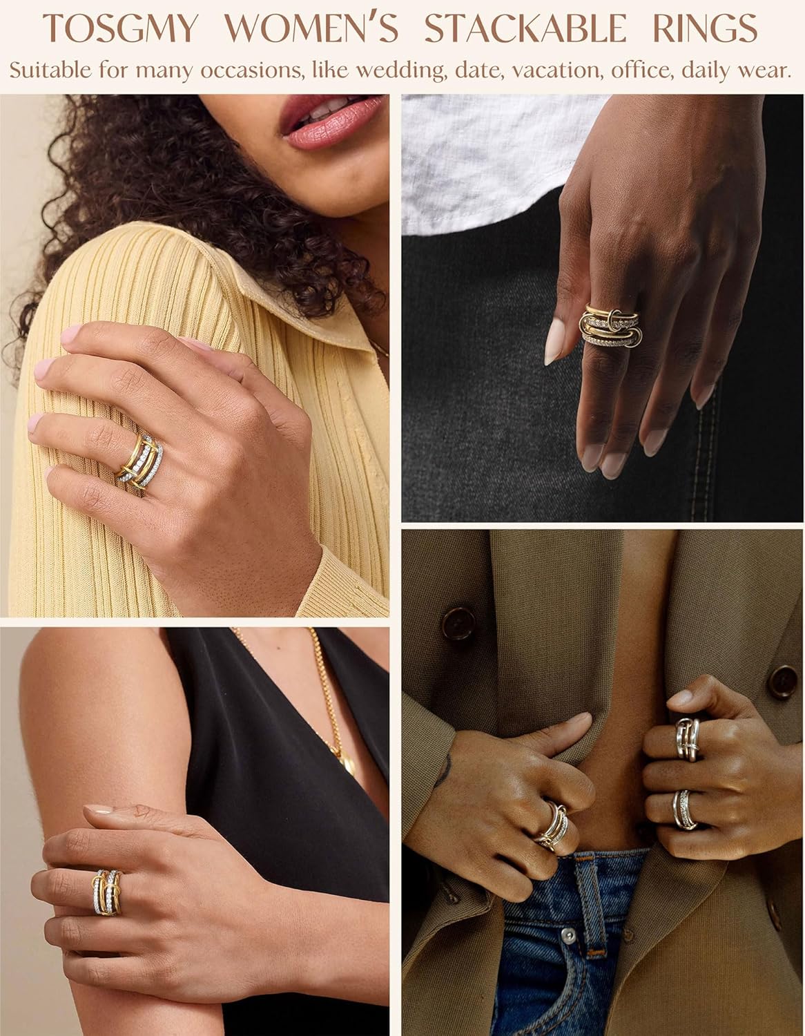 Stackable Gold Rings for Women Non Tarnish 18K Gold Plated Interlocking Ring Stack Set Mixed Metal Statement Rings Dainty Cubic Zirconia CZ Band Thumb Ring Size 6-10 Jewelry Gift for Women - Image 6