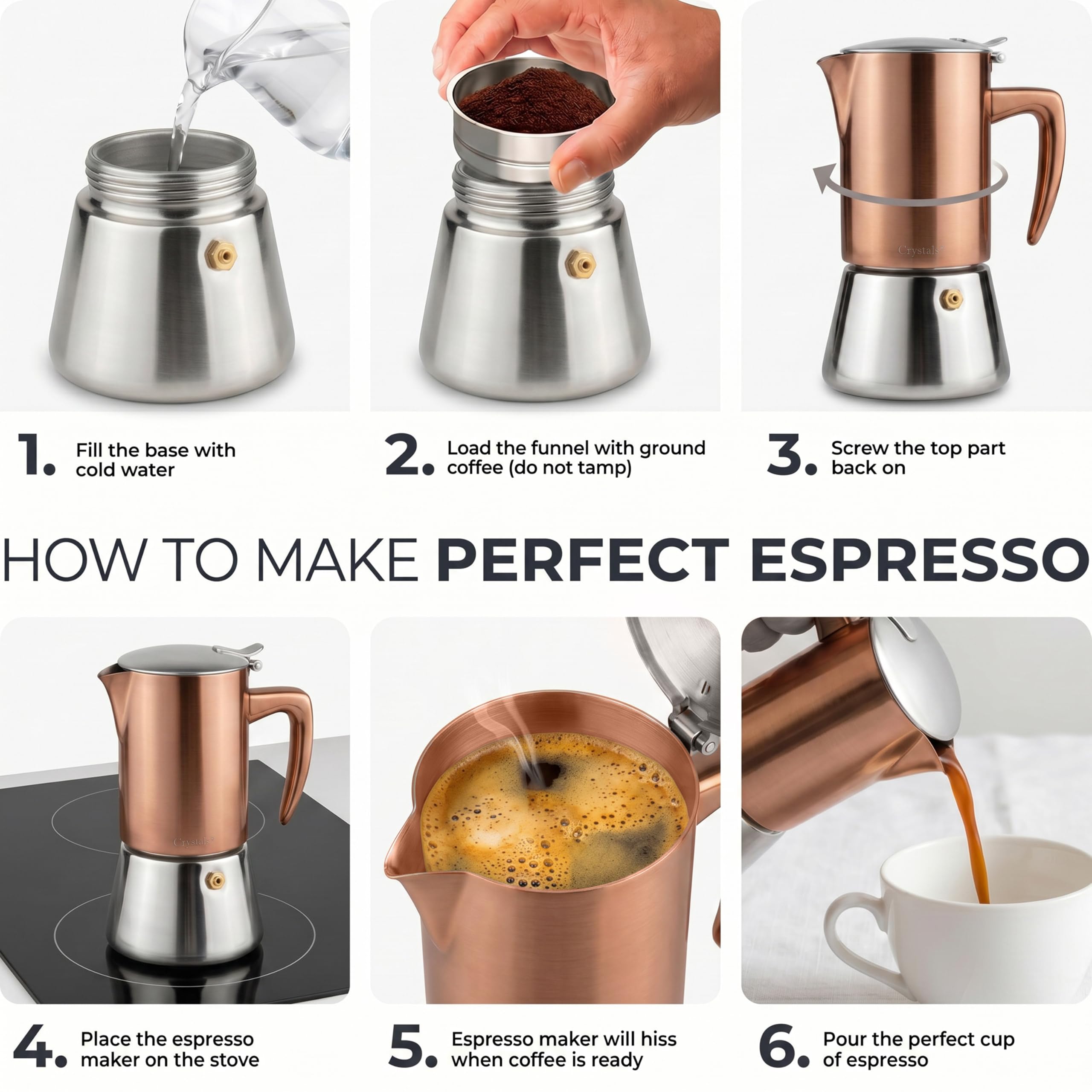 Crystals Cafetera espresso de acero inoxidable con acabado de cobre, olla Moka de 6 tazas (300 ml), cafetera italiana para inducción, cocinas de gas y eléctricas, percolador de espresso con válvula de