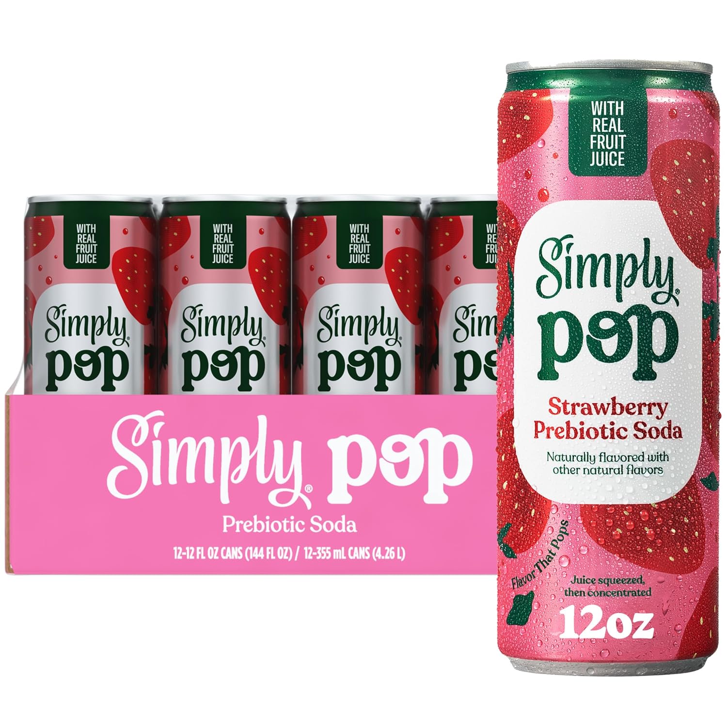Simply POP Prebiotic Soda Strawberry Cans, 12 fl oz, 12 Pack