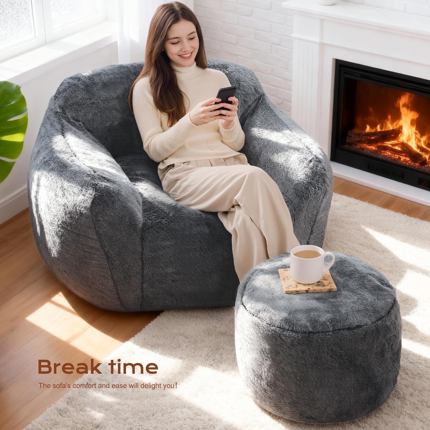 Giant Bean Bag Chair for Adults, Large Memory Foam BeanBag Chairs, Oversized Bean Bag Sofa with Filler, Faux Fur Big Reading Chair Comfy Floor Sofa Chair (Grey, Single with Ottoman) - Image 5