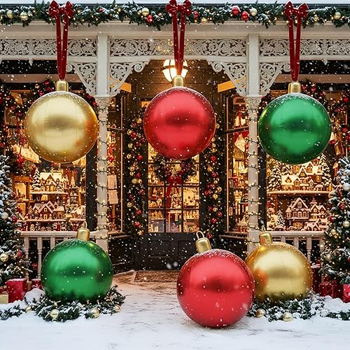 Miniatura 3 de Jetec 4 adornos inflables de Navidad de 17 pulgadas con cubierta de tela con purpurina, adornos grandes de PVC para Navidad, bola de soplado para