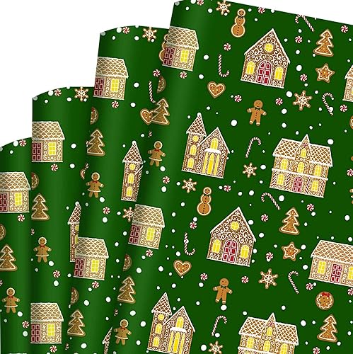 Bolsome 12 hojas plegadas de papel de regalo para casa de jengibre, papel de regalo con diseño de puntos de nieve para Navidad, jengibre, hombre de