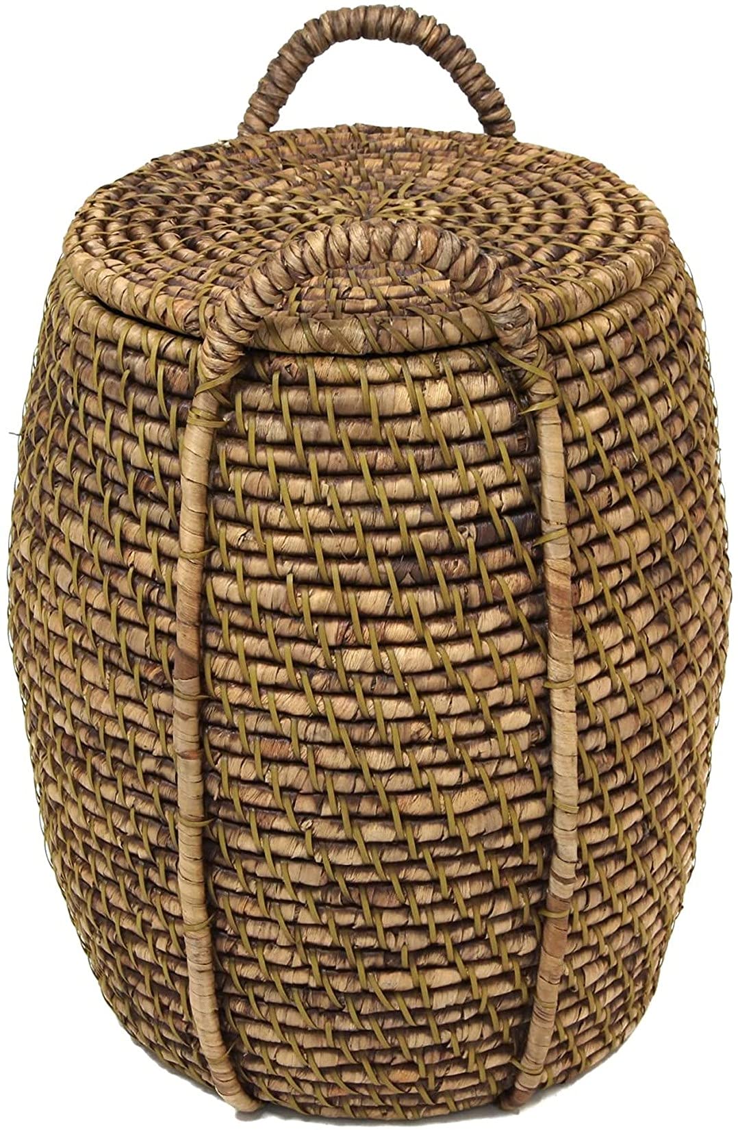 Dekoleidenschaft Wäschekorb "Oriental Heat", geflochten aus Seegras, Bambus und Wasserhyazinthe, Wäschesammler mit Deckel, großer Aufbewahrungskorb, Wäschetonne, Flechtkorb, Schmutzwäsche-Behälter