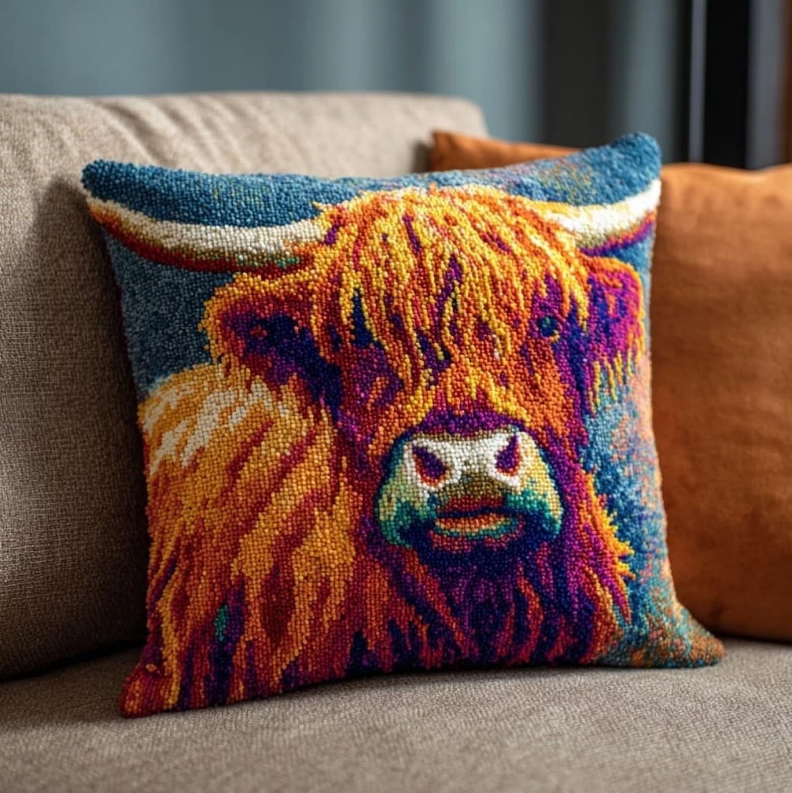 AxiangziK Latch Hook Cushion Kits for Adults,Highland Cattle 17X17 Inches DIY Pre-Printed Embroidery Canvas Craft for Pillow Making Sofa Cushion Cover for Home Decoration