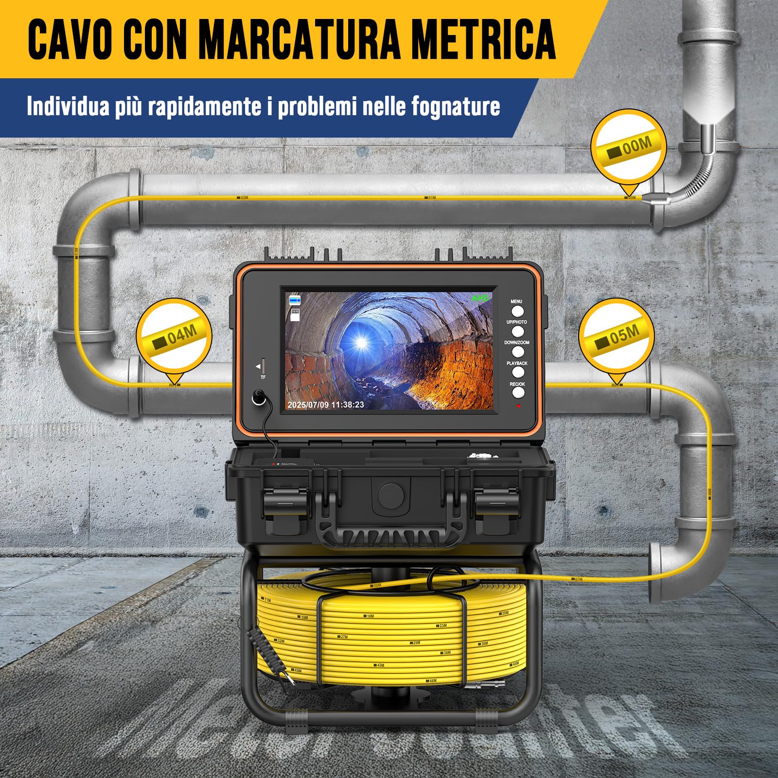 Telecamera Ispezione Tubi Con Sonda 512Hz E Funzione Auto-Livellante 1080P, Cavo Con Segni Metrici, Schermo IPS HD da 9 Pollici, DVR 32GB, Batteria 5100mAh, Impermeabile IP68 (30M)