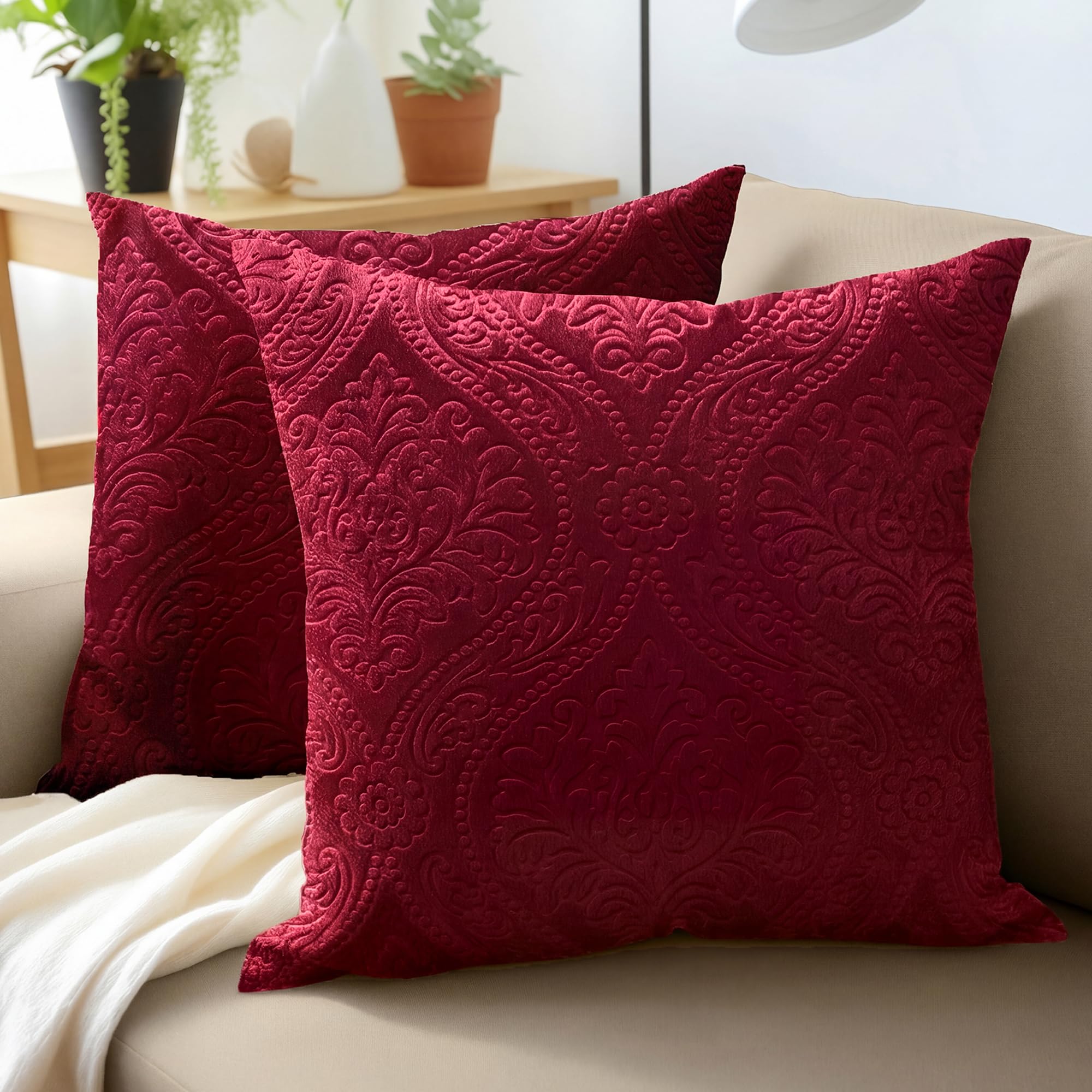 Encasa XO Luxury Embossed Velvet Cushion Covers - Plush Throw Pillow Covers for Elegant Living Rooms & Bedrooms, Machine Washable, 40x40 cm Maroon | Set of 2 | Covers Only No Insert-180 TC