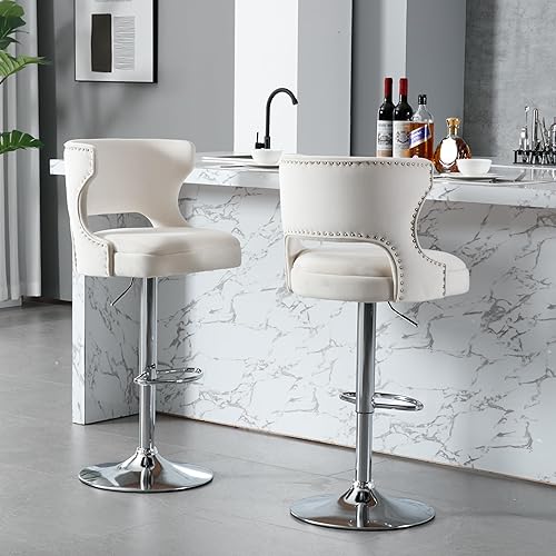 ABET Juego de 2 taburetes de bar ajustables, taburetes de bar giratorios de terciopelo con respaldo hueco, sillas de bar tapizadas suaves para