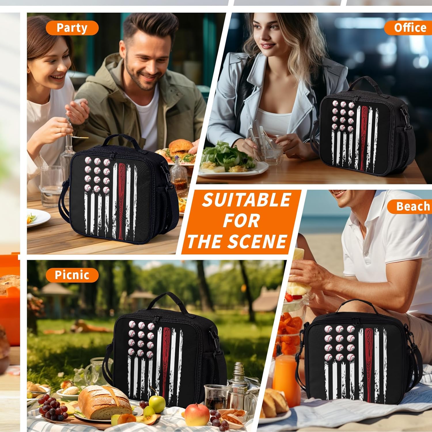 Sport Baseball Pattern Lunch Bag American Flag Baseball Lunch Boxes for Women/Man Office Work Travel School Work Picnic Durable Reusable Insulated Large Lunch Tote Bag with Adjustable Shoulder Strap