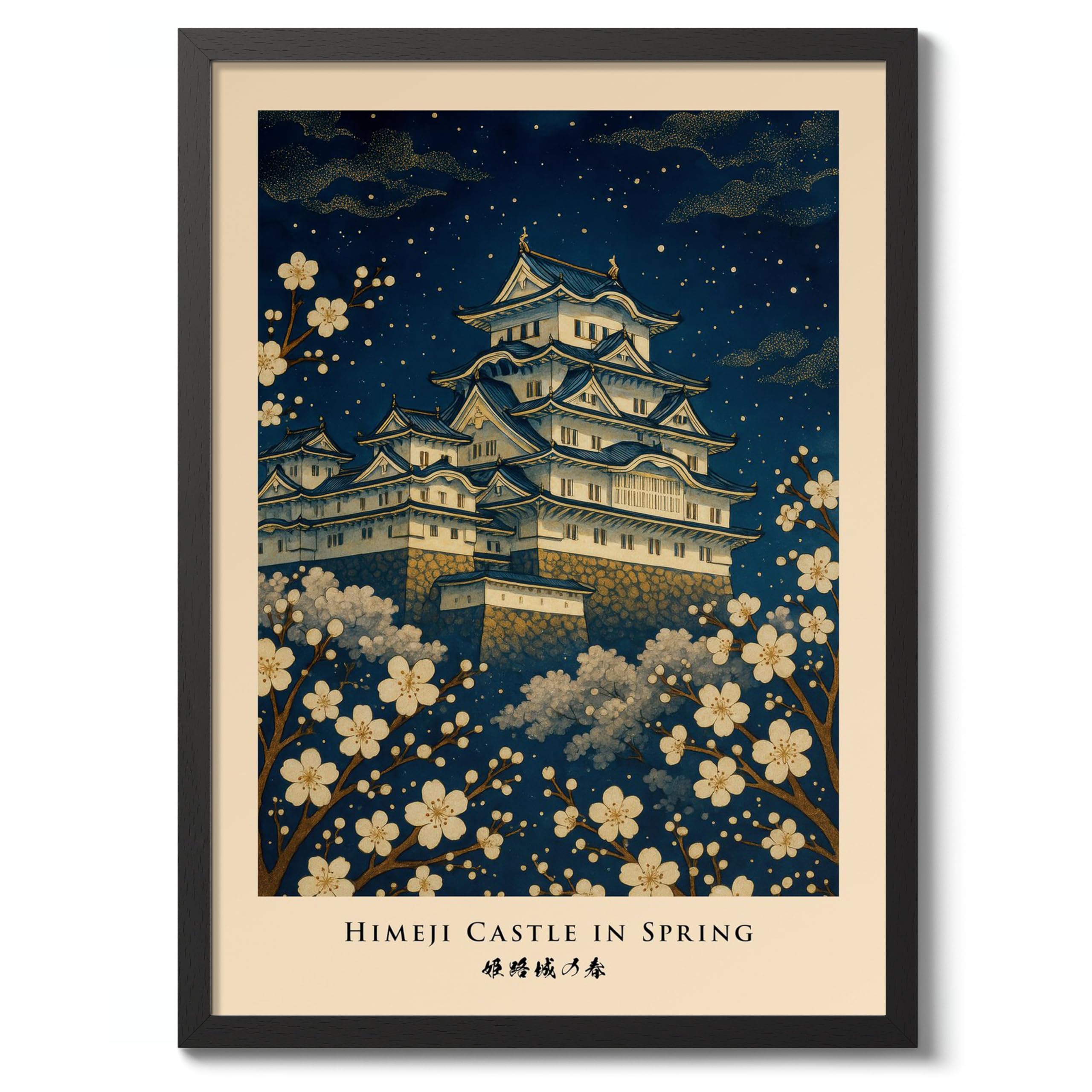 Himeji Castle In Spring Poster, Vintage Japanese Travel Print, Retro Wall Art Décor, A1 (Black Frame) - 86.9x62.4cm — image 1