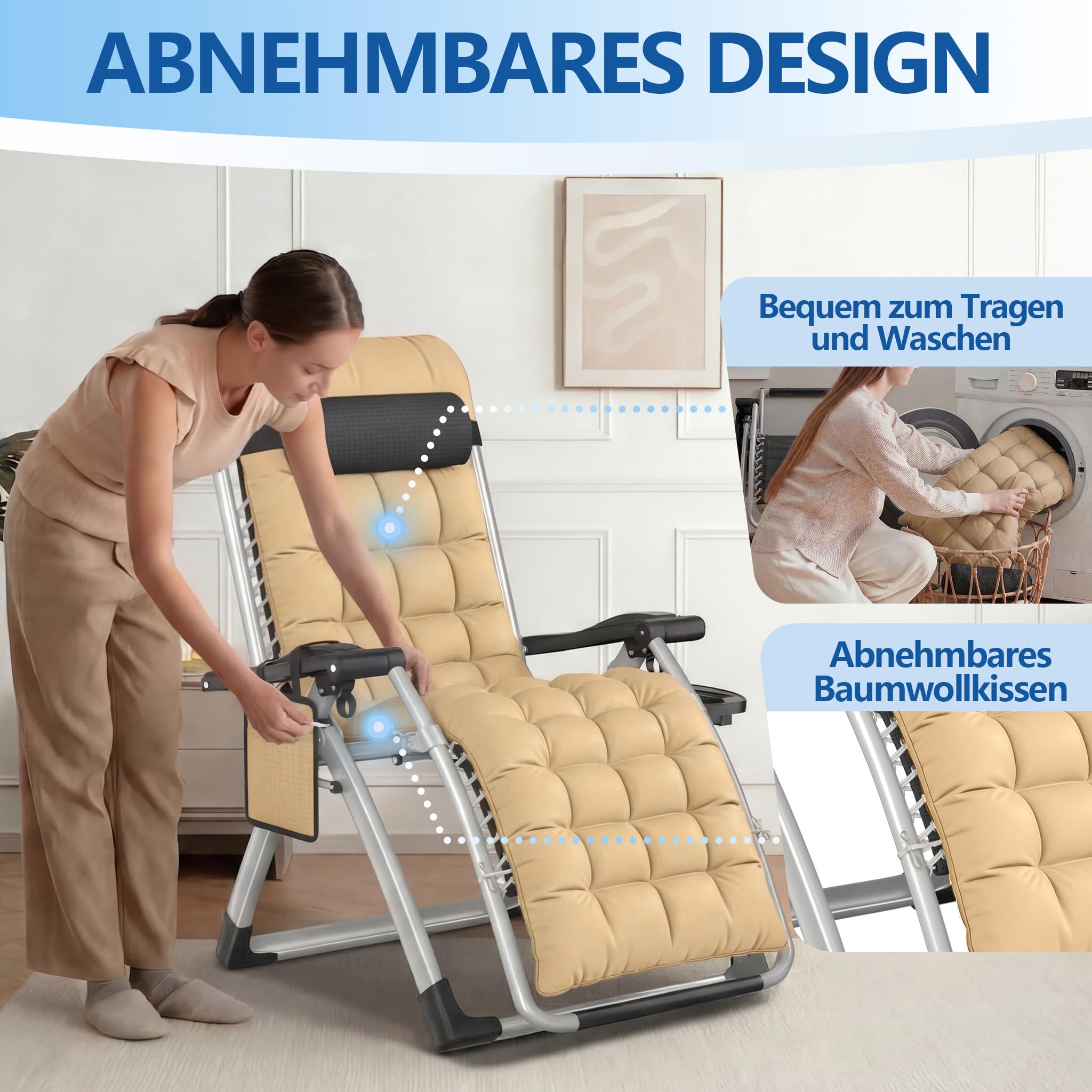 YRHome Beige Sonnenliege Klappbar Gartenliege, Liegestuhl mit Dach, Belastbar 150kg, Ergonomische Relaxliege mit Verstellbarer Rückenlehne, Seitentasche, Nackenkissen, Getränkehalter für Garten