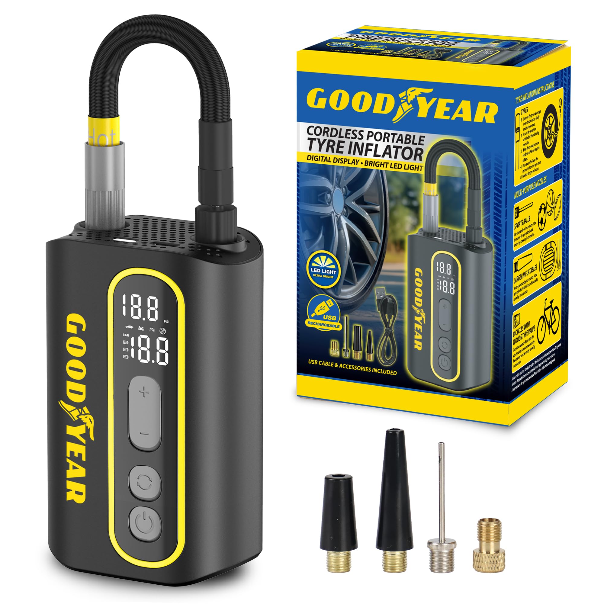 Goodyear Cordless Portable Tyre Inflator – Digital Display, LED Light, USB Rechargeable, 3–150psi, 55W, Compact & Lightweight – Car, Bike, Van & Ball Inflation