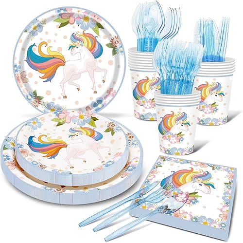 Juego de 116 suministros para fiesta de unicornio, platos y servilletas de unicornio, decoraciones de cumpleaños de unicornio, incluyendo platos