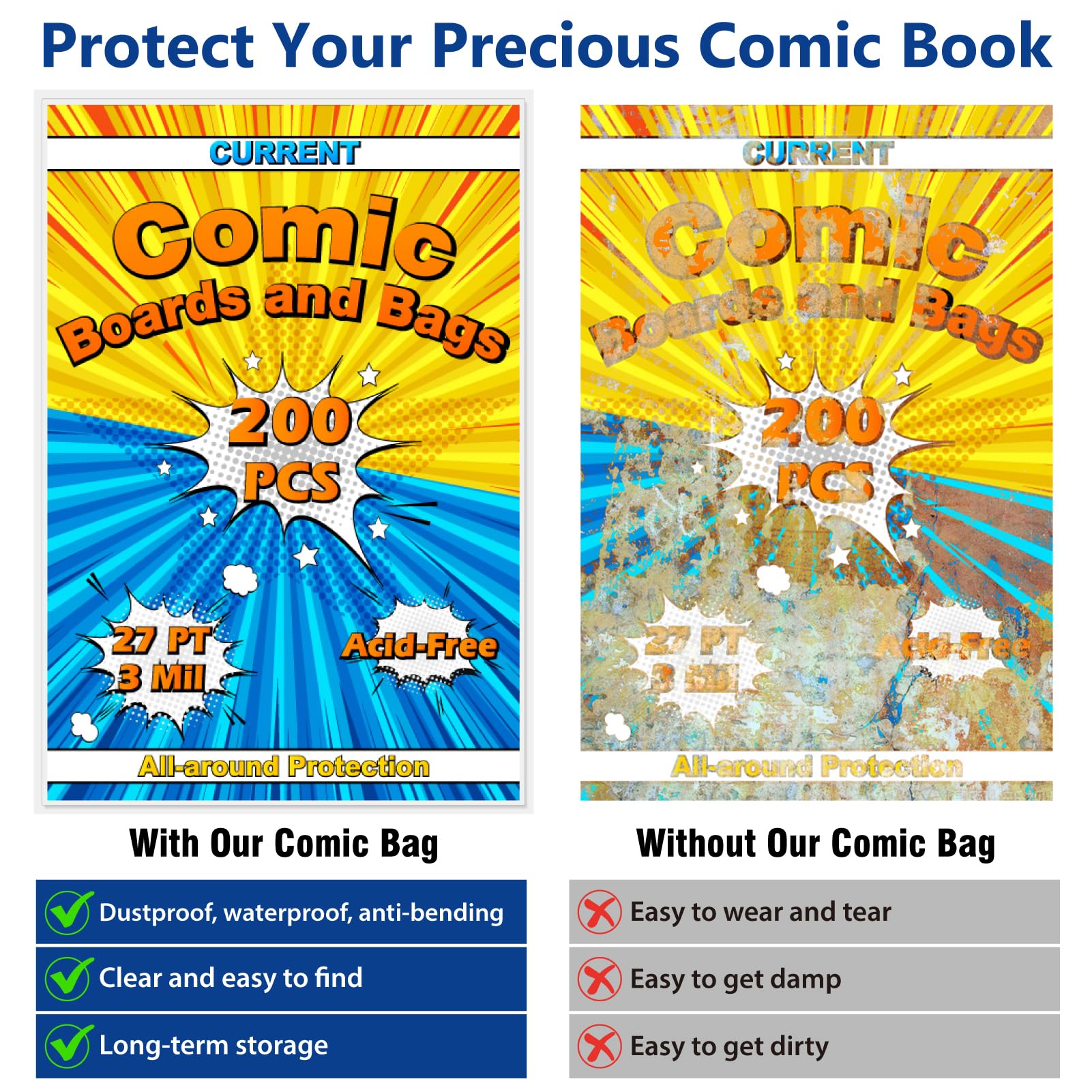 Current Comic Book Bags and Boards 200 Comic Book Sleeves and 200 Comic Book Boards, Acid-Free Clear Comic Book Storage, Comic Book Backing Boards 27 pt, Thick and Coated Comic Backing Board