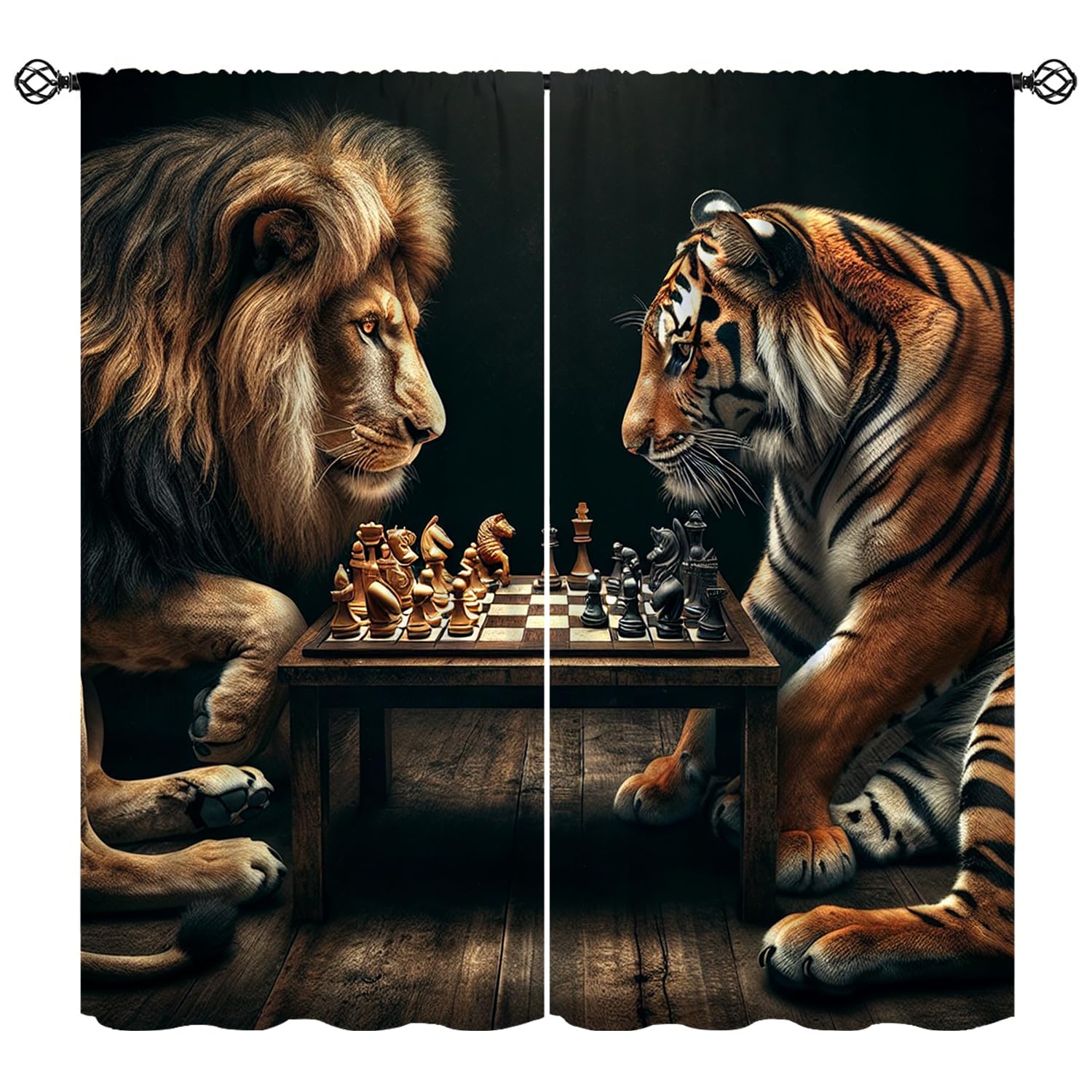 KANEPE Jungle Animals Curtains, Lion Tiger Playing Chess Game Blackout Window Treatments, Rod Pocket Thermal Insulated Drapes 2 Panel Sets for Bedroom