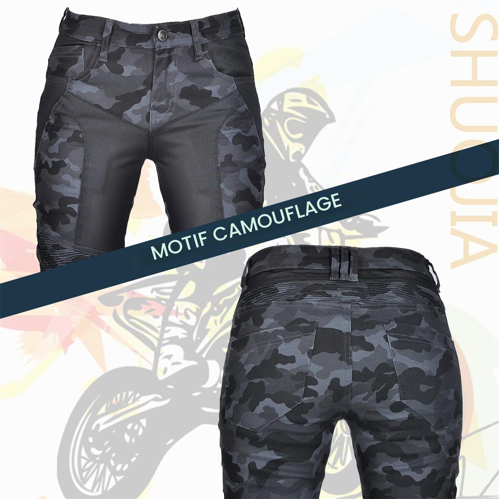 Jeans de moto pour femme Pantalon en denim camouflage avec maille respirante et protections amovibles pour les hanches et les genoux (Blue,S)