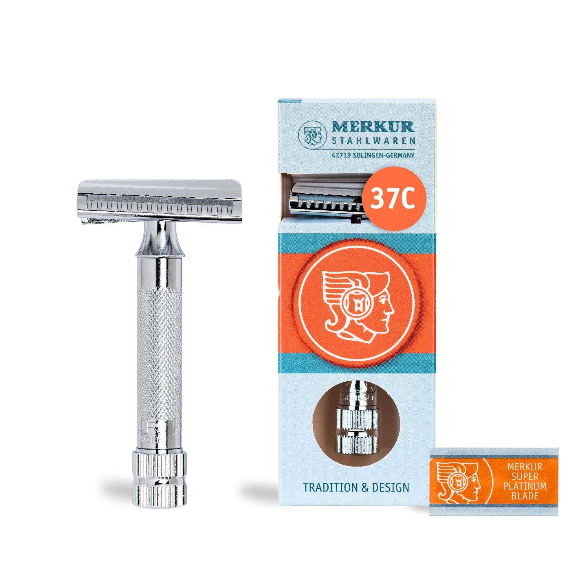 MERKUR 37C Rasoio di sicurezza a taglio obliquo – Finitura cromata lucida, pettine chiuso, rasatura tradizionale – Made in Germany