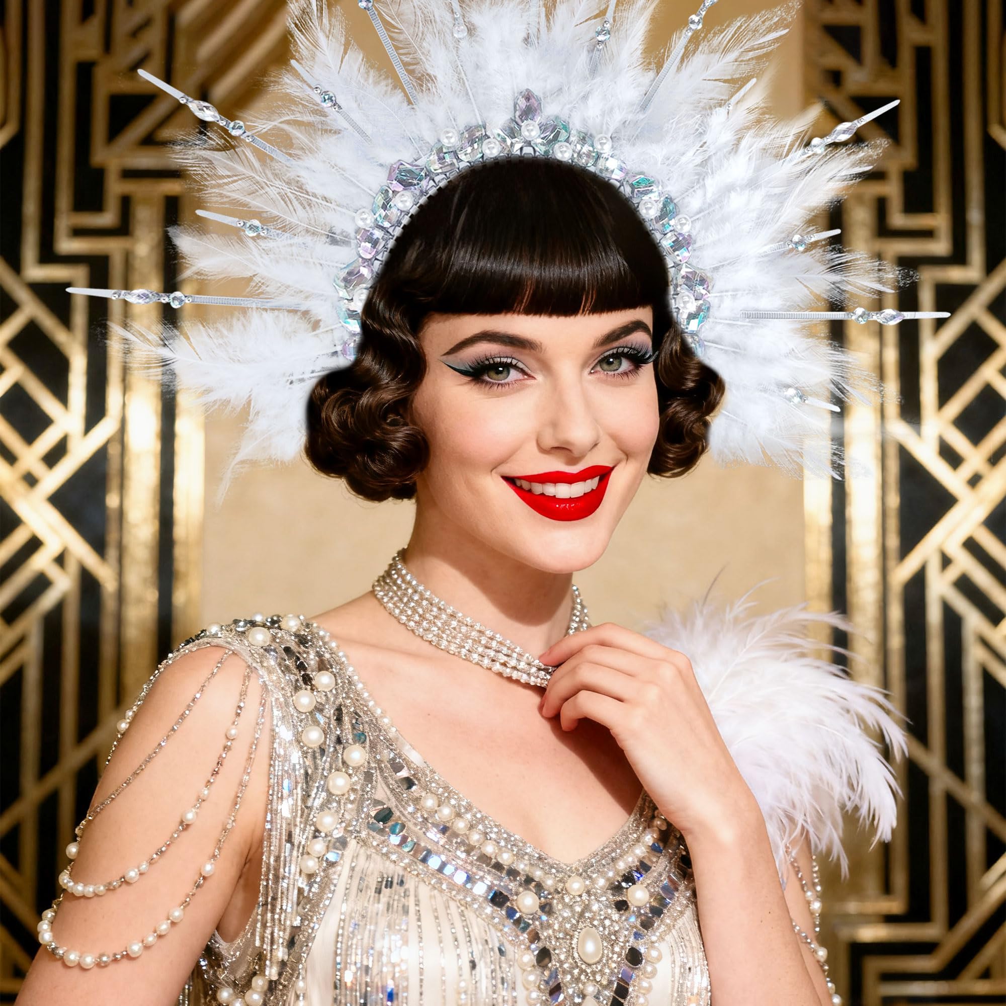 JeVenis White Feather Headpiece 1920s Carnival Accessories Headdress Mardi Gras Rave Festival for Women Flapper Costume Supplies โ image 1