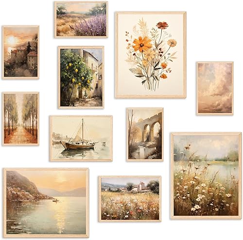 KBKBART 11 impresiones artísticas vintage para pared, decoración de campo francés neutro, pinturas en lienzo de paisaje vintage, decoración de